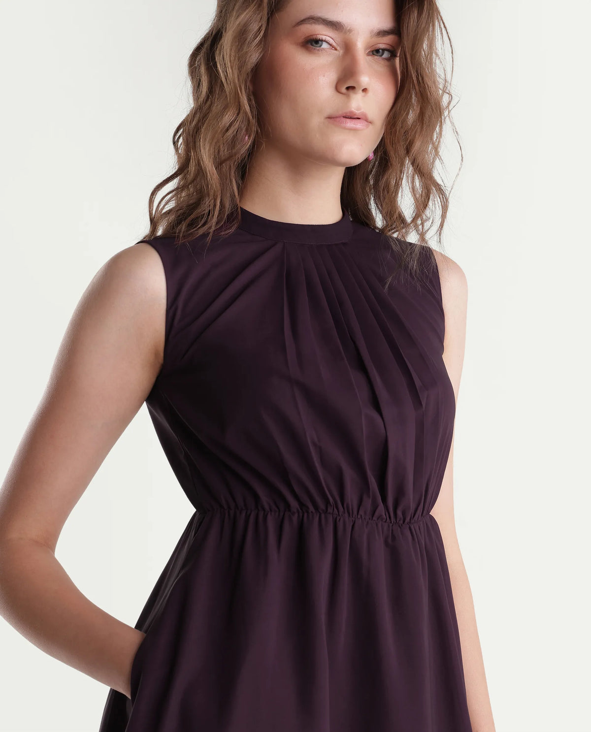 Rareism Women's Wira Purple Polyester High Neck Fit And Flare Floral Print Dress