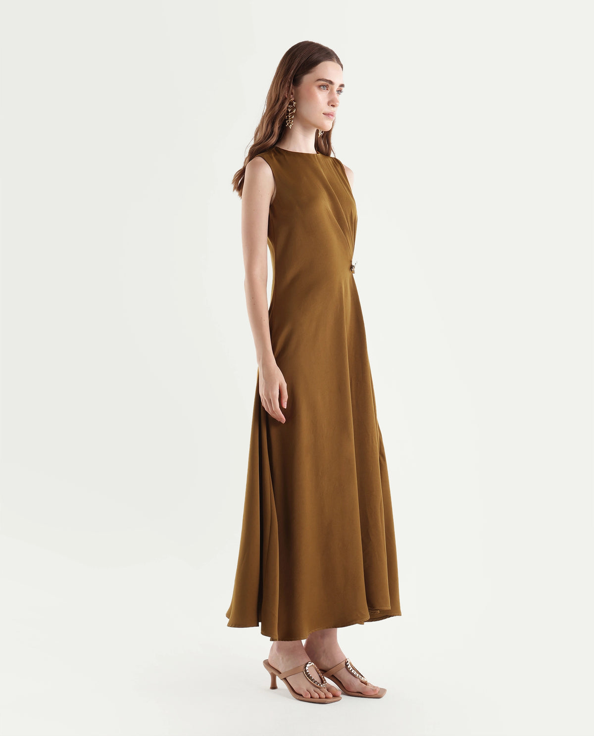 Rareism Women's Xoa Gold Polyester Crew Neck Sheath Plain Dress - image 4
