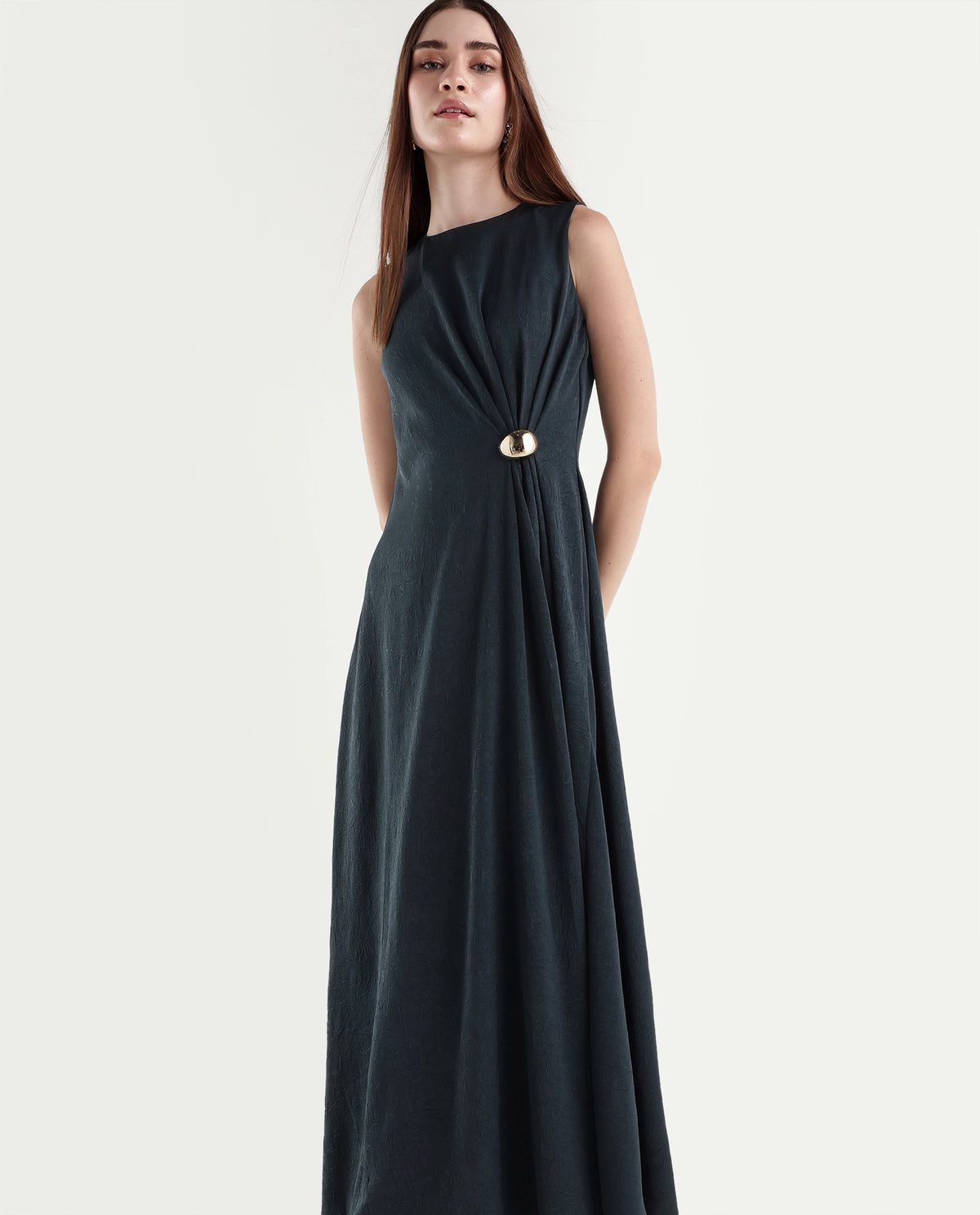 Rareism Women's Xoa Teal Polyester Round Neck Sheath Plain Dress - image 6