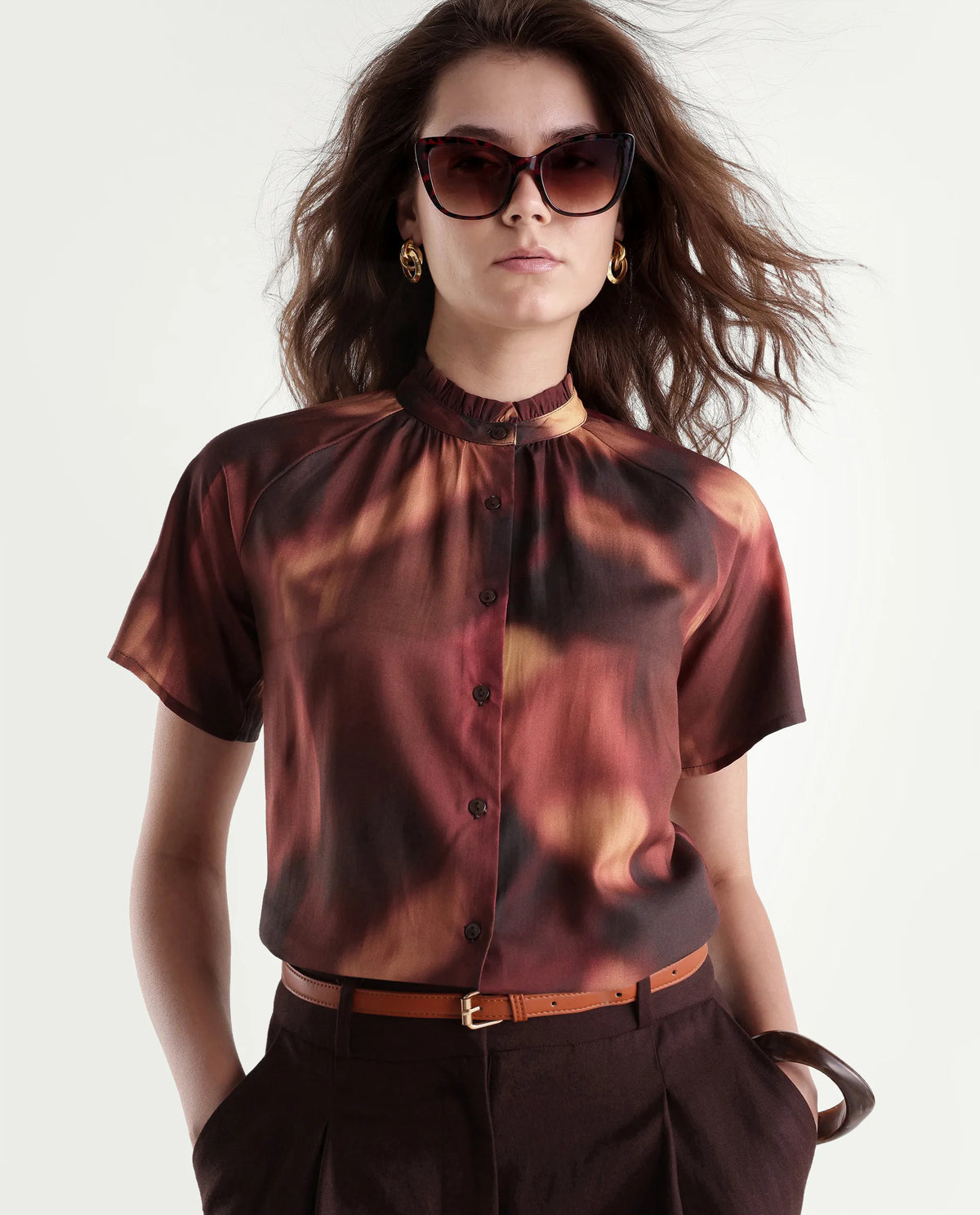 Rareism Women's Sufi Dark Brown Viscose Stand Collar Regular Abstract Print Top