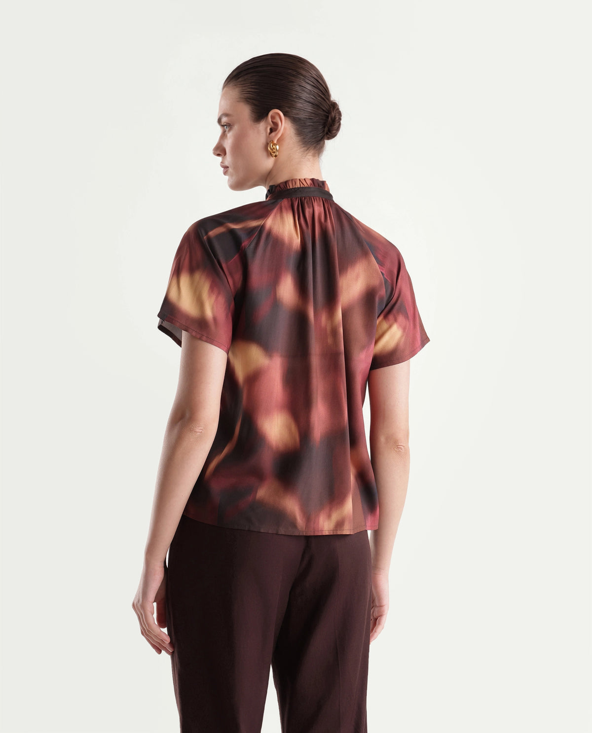 Rareism Women's Sufi Dark Brown Viscose Stand Collar Regular Abstract Print Top
