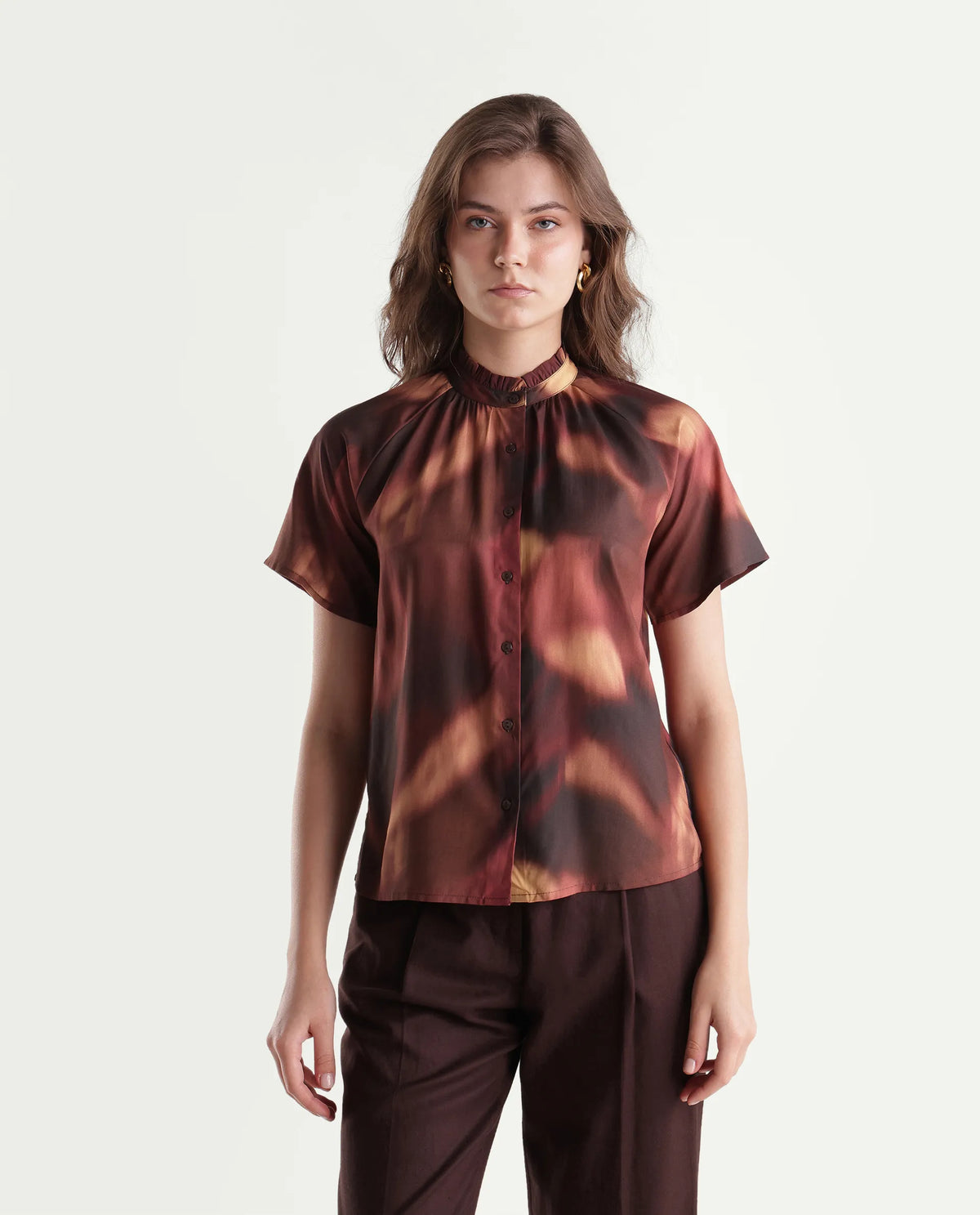 Rareism Women's Sufi Dark Brown Viscose Stand Collar Regular Abstract Print Top
