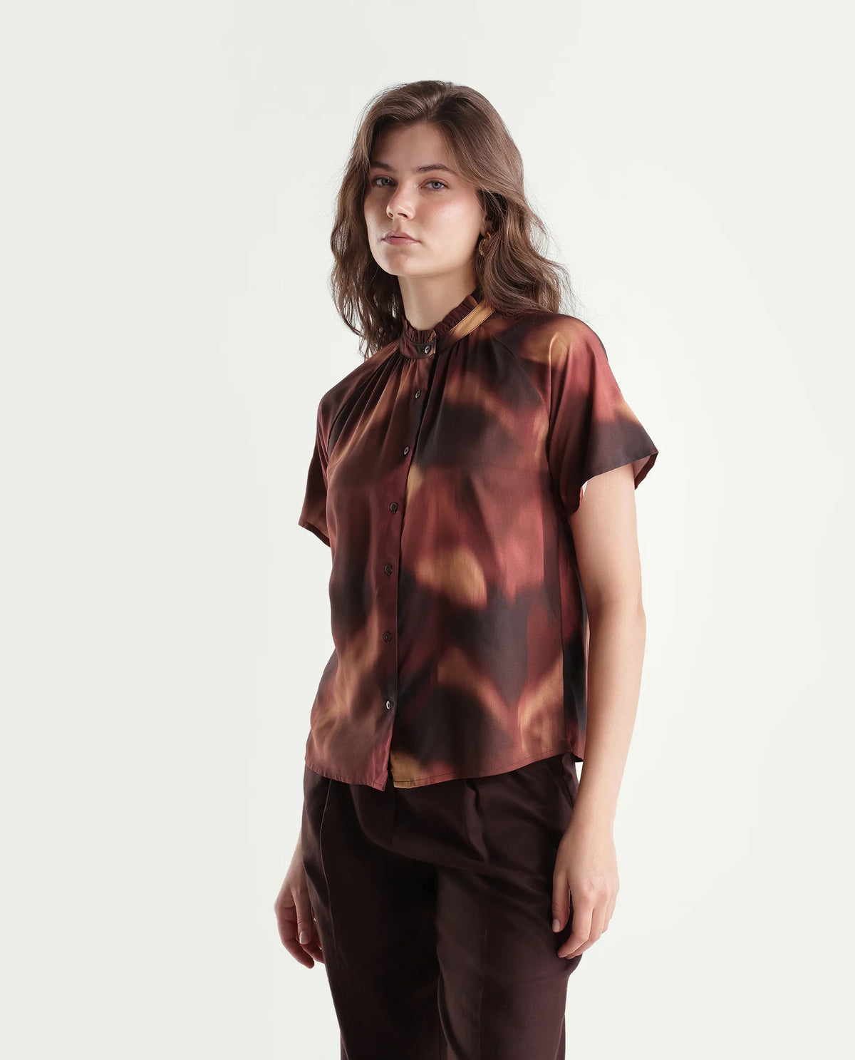 Rareism Women's Sufi Dark Brown Viscose Stand Collar Regular Abstract Print Top