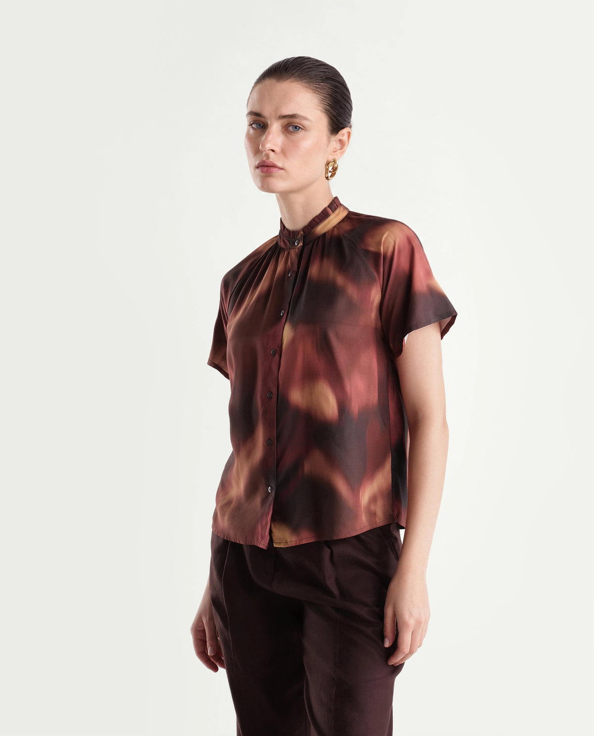 Rareism Women's Sufi Dark Brown Viscose Stand Collar Regular Abstract Print Top