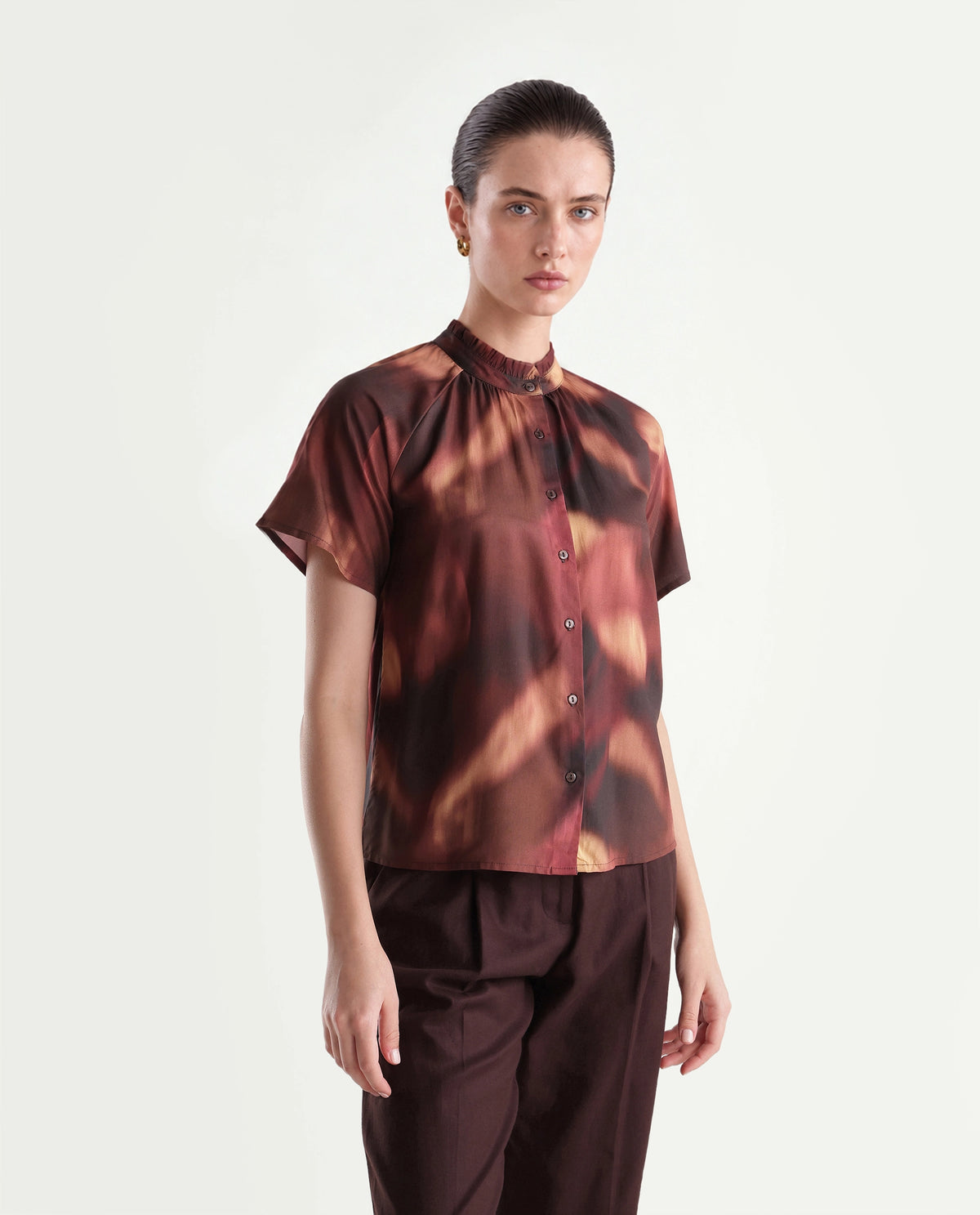 Rareism Women's Sufi Dark Brown Viscose Stand Collar Regular Abstract Print Top