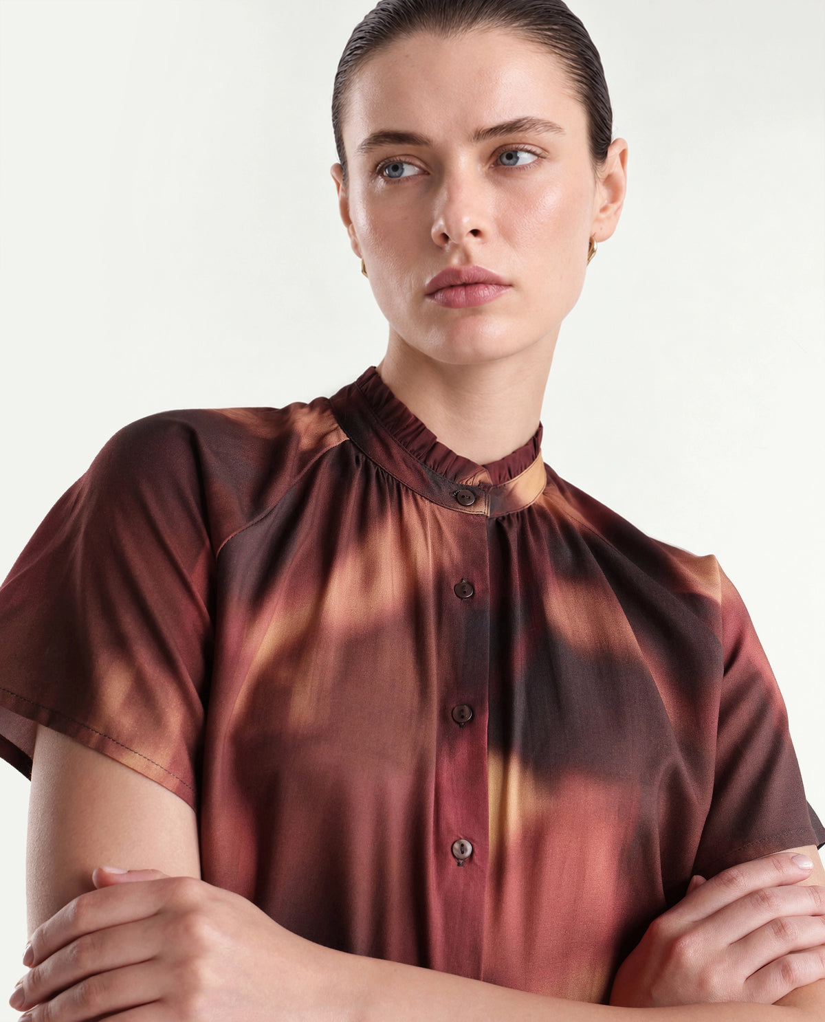 Rareism Women's Sufi Dark Brown Viscose Stand Collar Regular Abstract Print Top