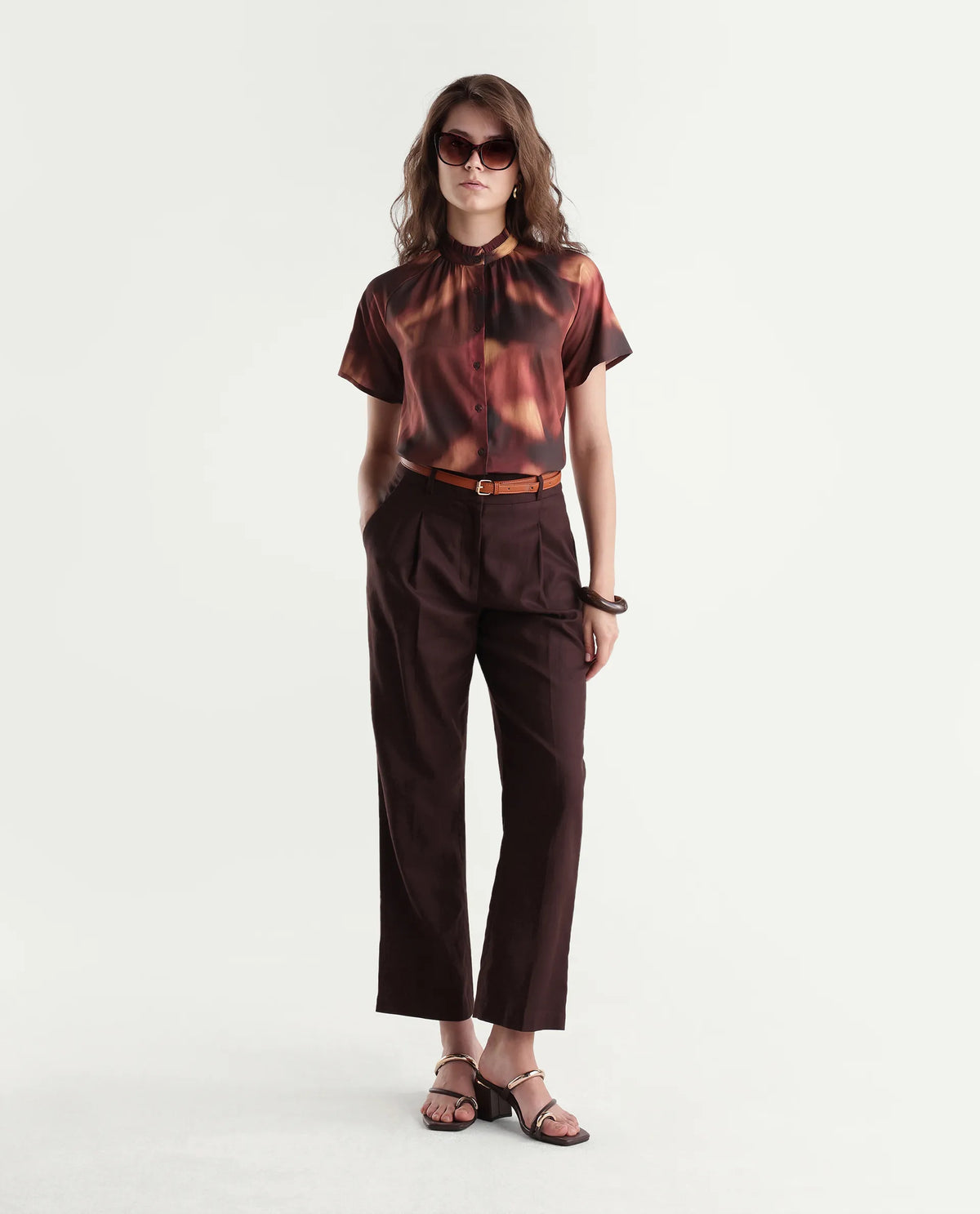 Rareism Women's Sufi Dark Brown Viscose Stand Collar Regular Abstract Print Top