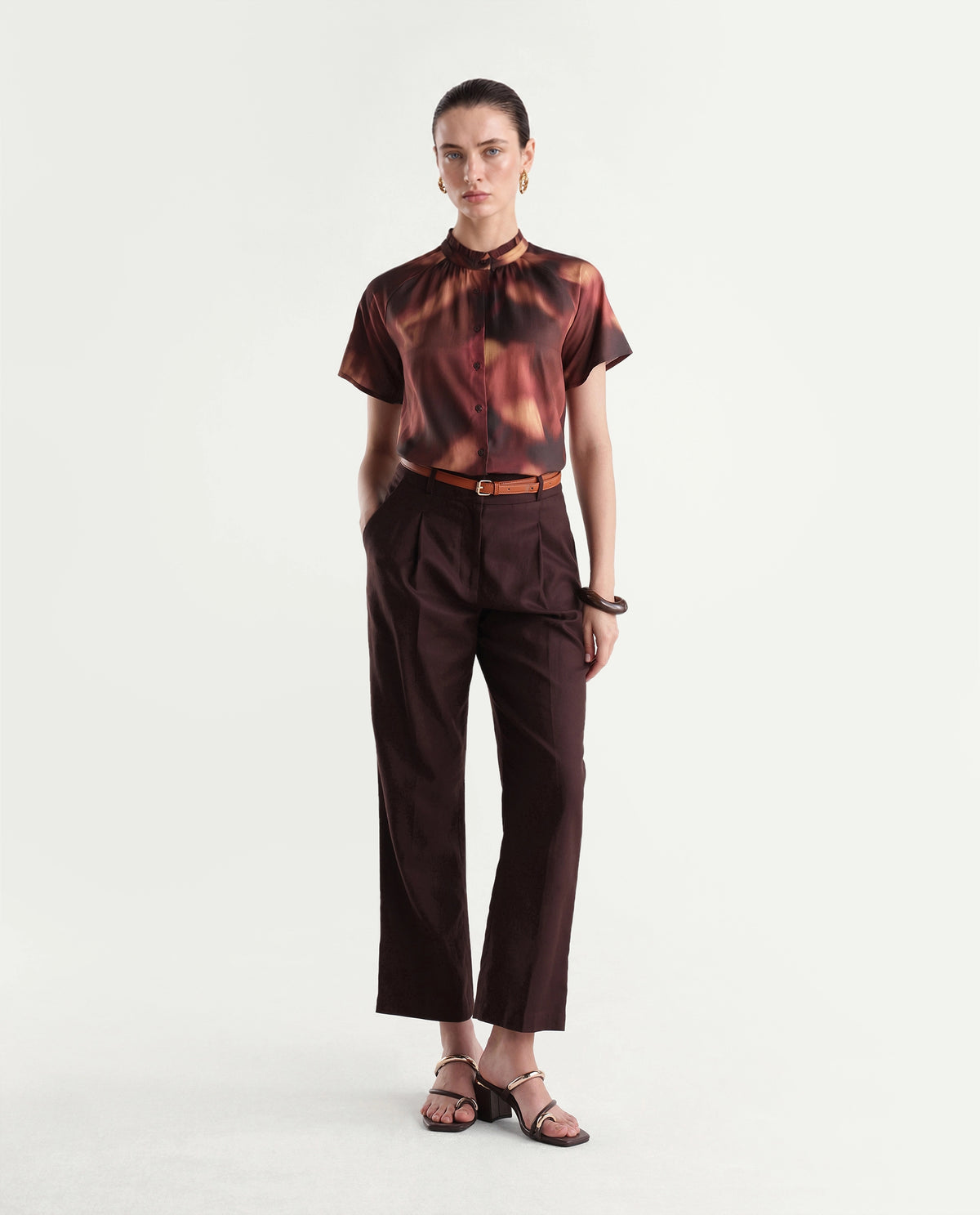Rareism Women's Sufi Dark Brown Viscose Stand Collar Regular Abstract Print Top