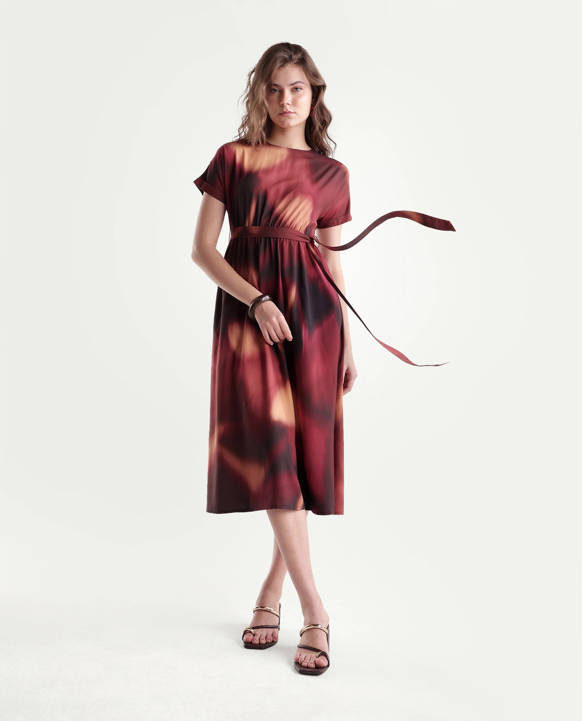 Rareism Women's Sufon Dark Brown Viscose Crew Neck Fit And Flare Abstract Print Dress