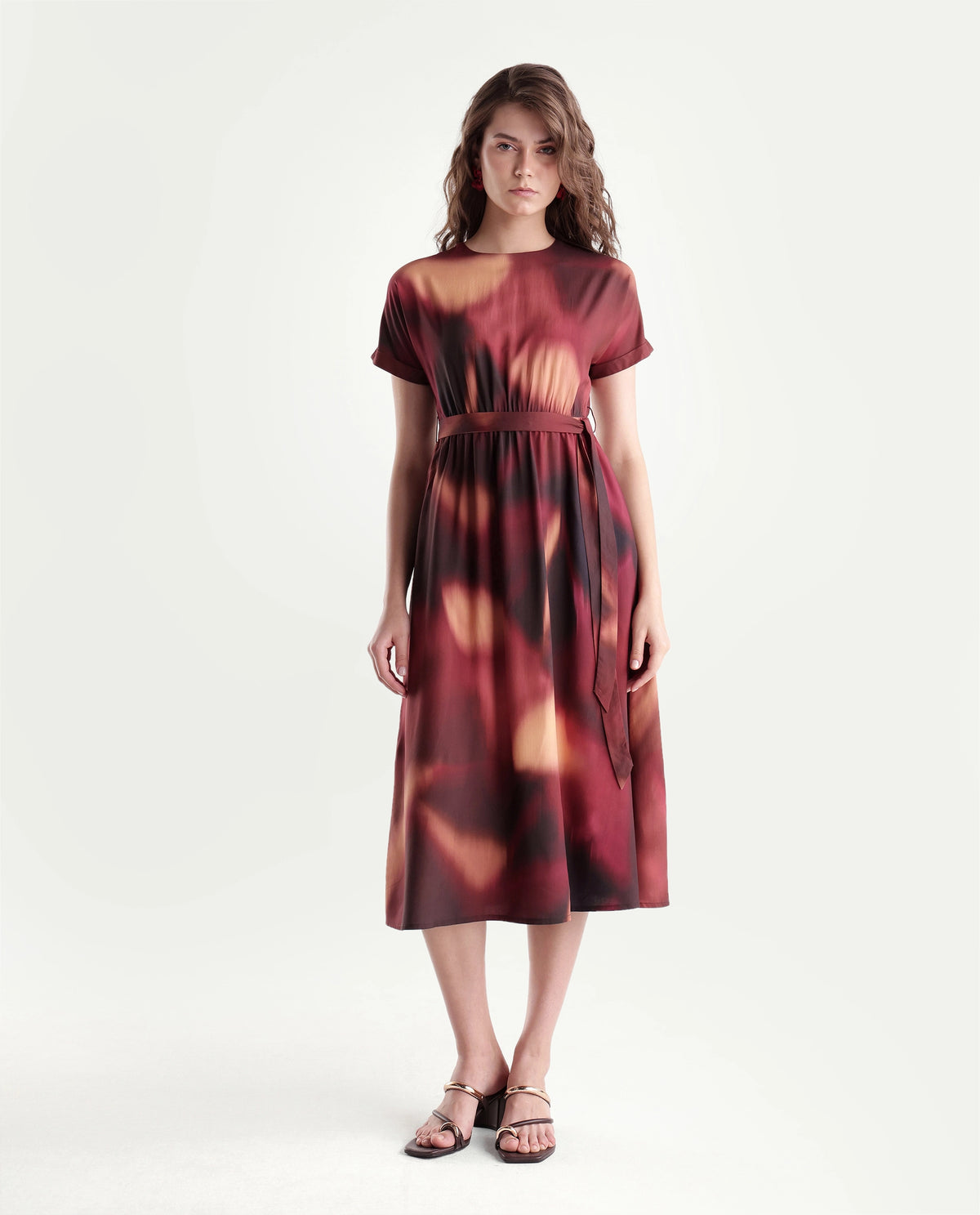 Rareism Women's Sufon Dark Brown Viscose Crew Neck Fit And Flare Abstract Print Dress