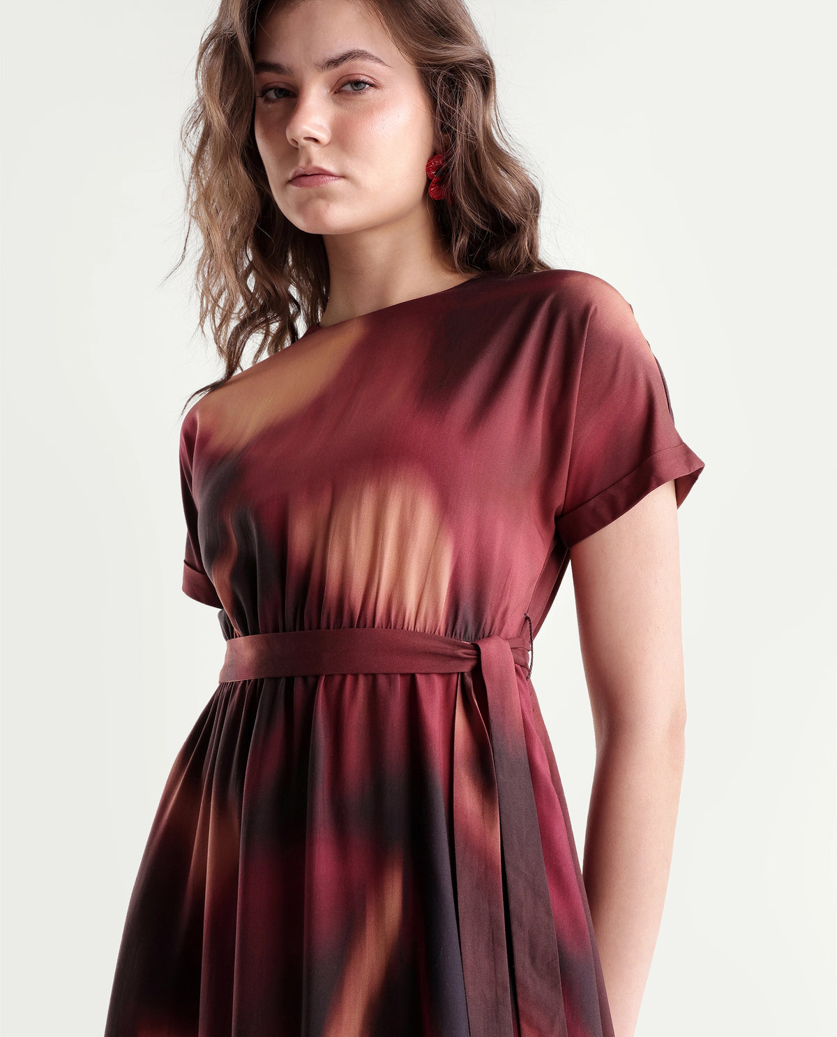 Rareism Women's Sufon Dark Brown Viscose Crew Neck Fit And Flare Abstract Print Dress