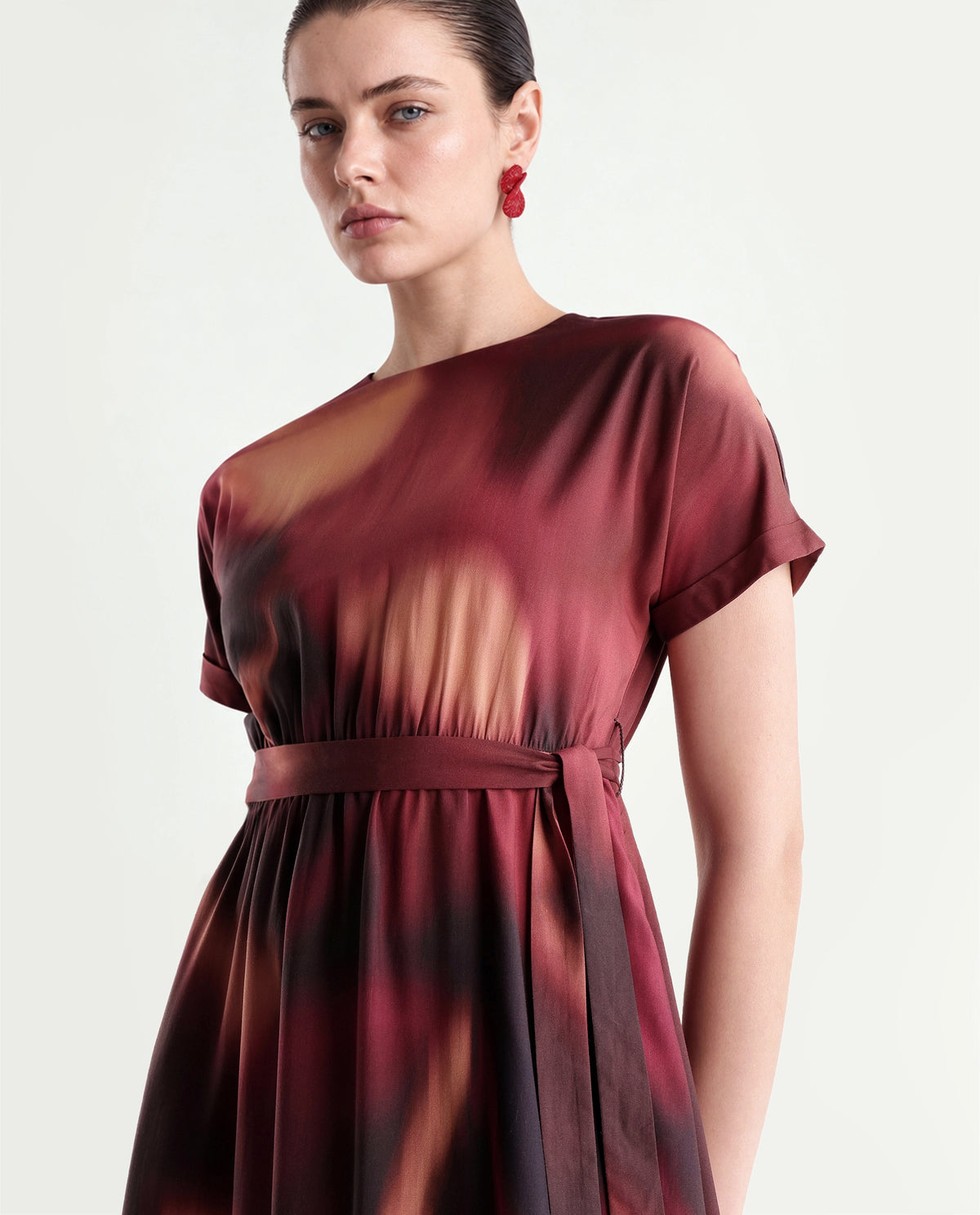 Rareism Women's Sufon Dark Brown Viscose Crew Neck Fit And Flare Abstract Print Dress