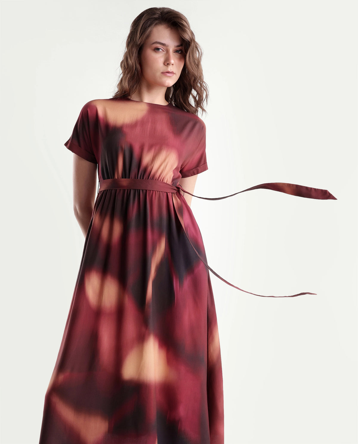 Rareism Women's Sufon Dark Brown Viscose Crew Neck Fit And Flare Abstract Print Dress