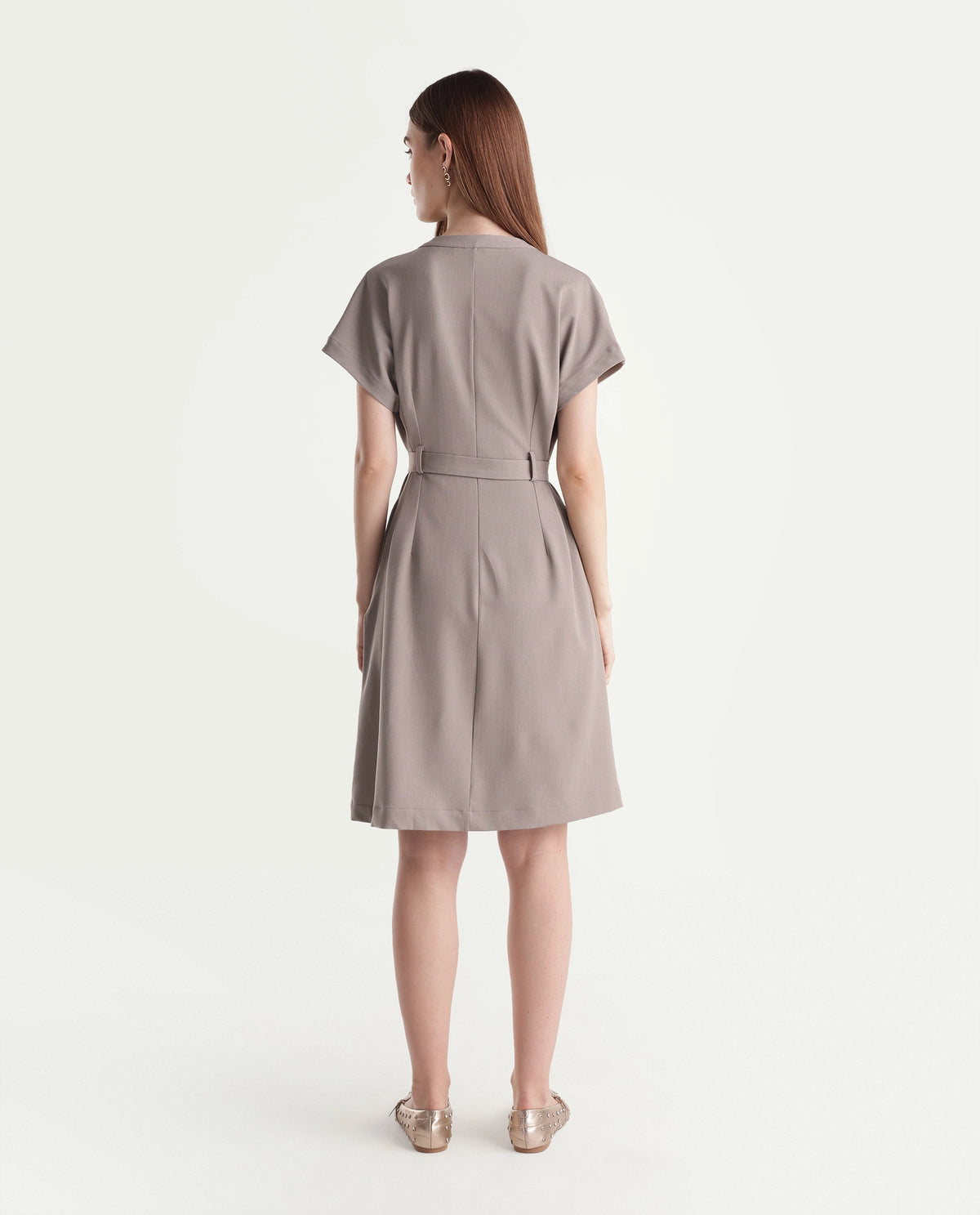 Rareism Women's Wory Fawn Polyester Blend Mandarin Collar A-Line Plain Dress - image 7
