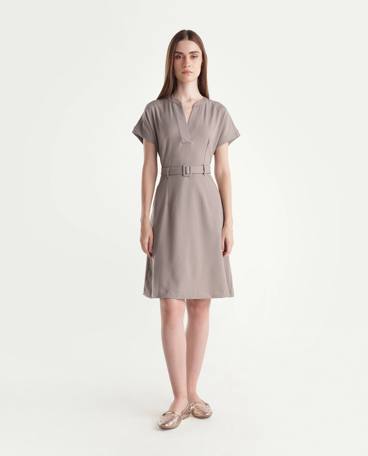 Rareism Women's Wory Fawn Polyester Blend Mandarin Collar A-Line Plain Dress - image 2