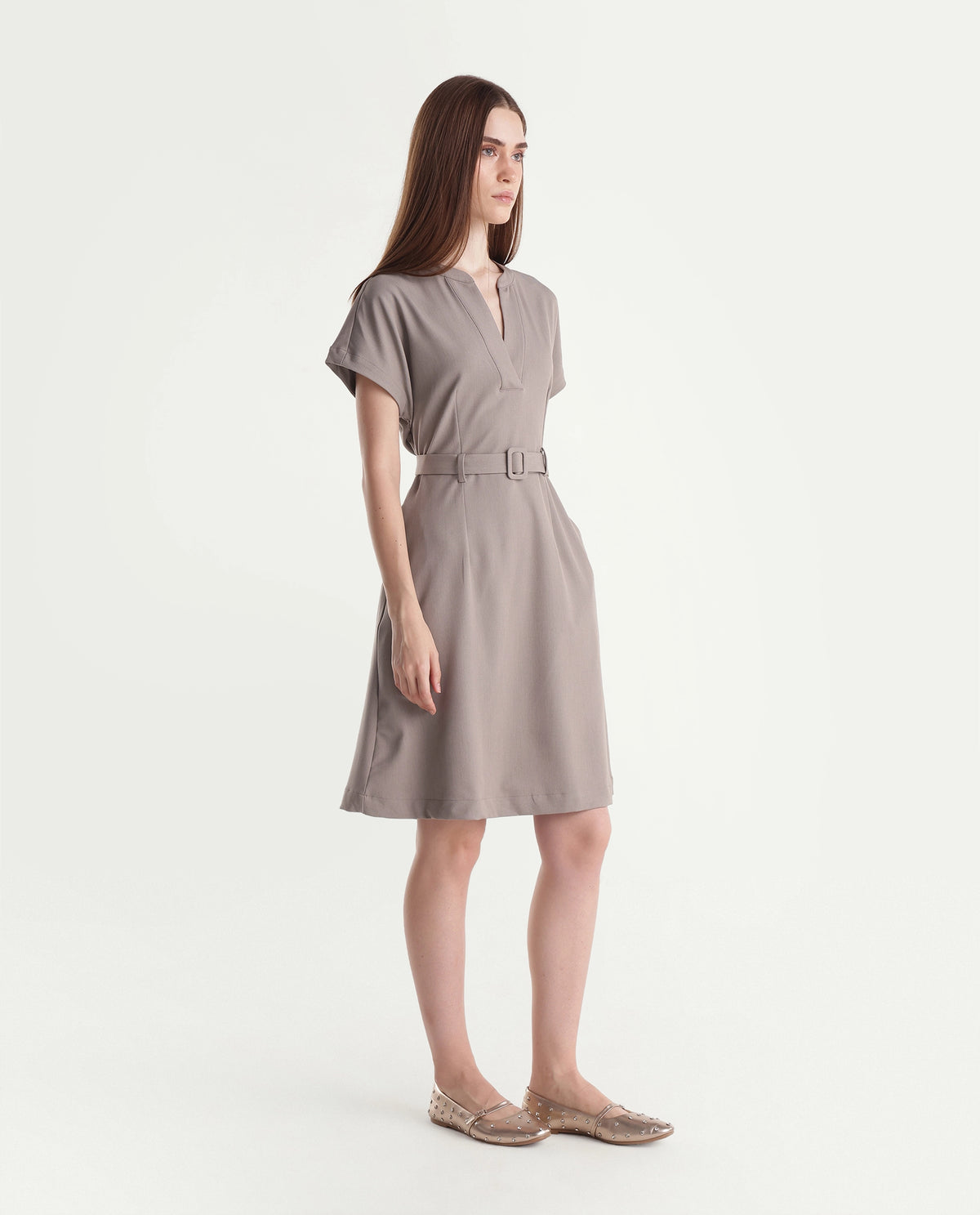 Rareism Women's Wory Fawn Polyester Blend Mandarin Collar A-Line Plain Dress - image 4
