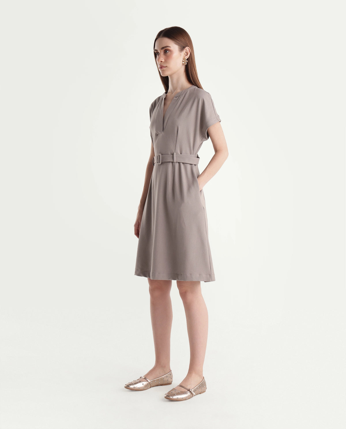 Rareism Women's Wory Fawn Polyester Blend Mandarin Collar A-Line Plain Dress - image 5