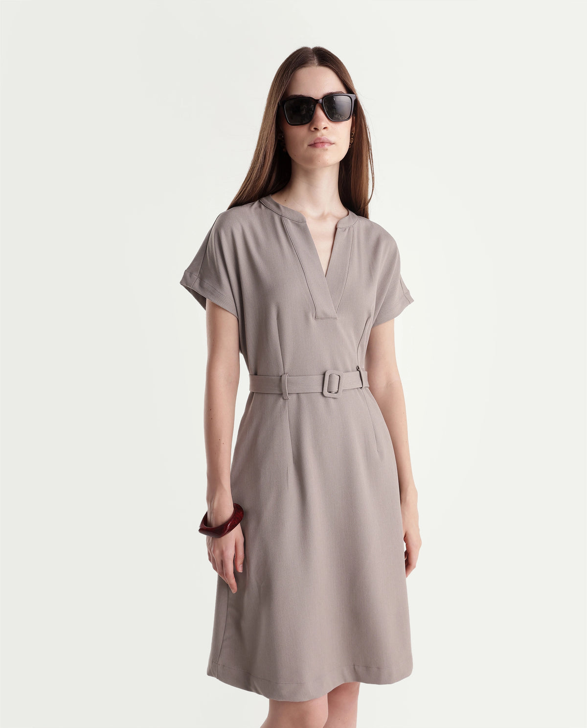 Rareism Women's Wory Fawn Polyester Blend Mandarin Collar A-Line Plain Dress - image 6