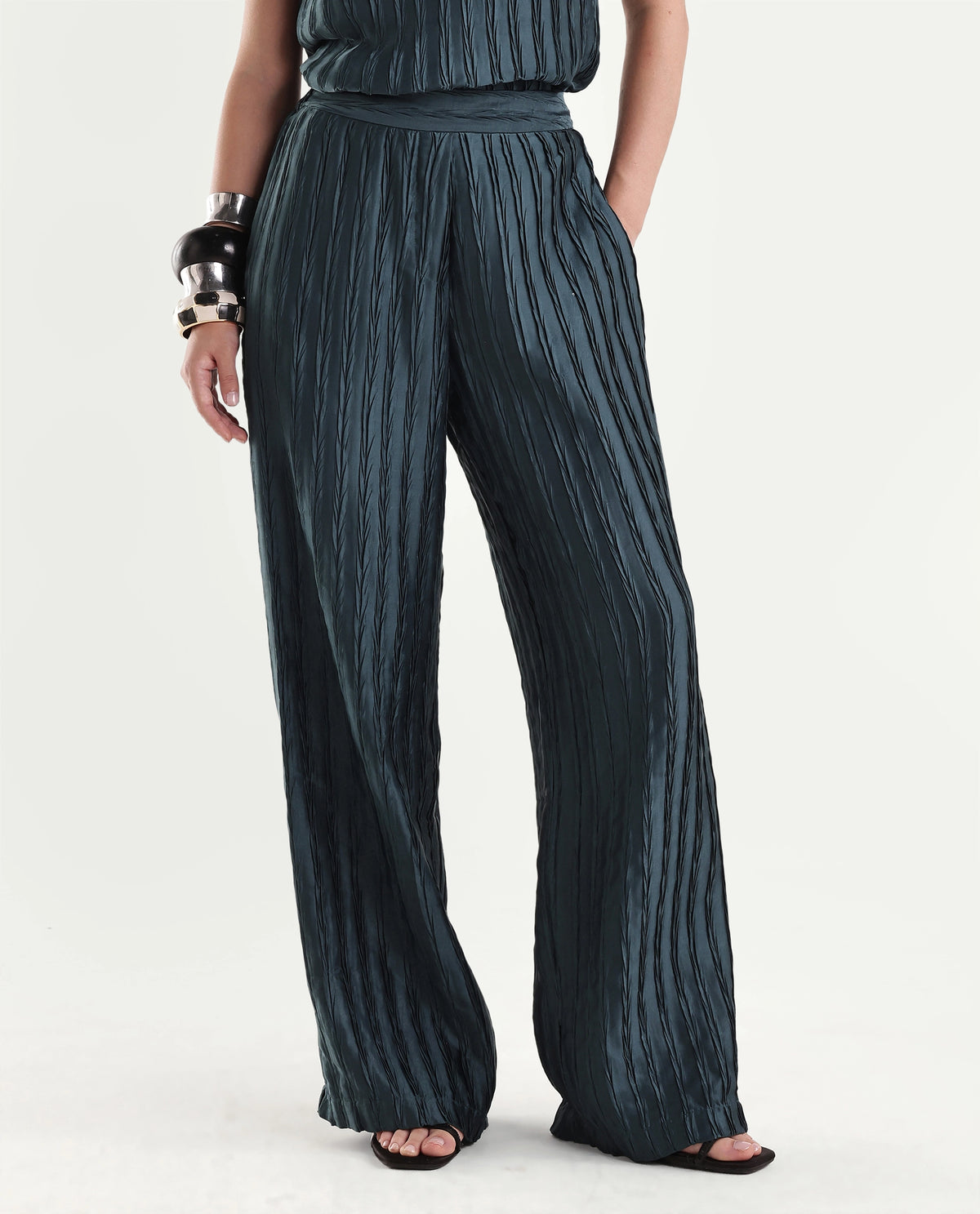 Rareism Women's Pony-B Teal Polyester Wide Leg Striped Trouser