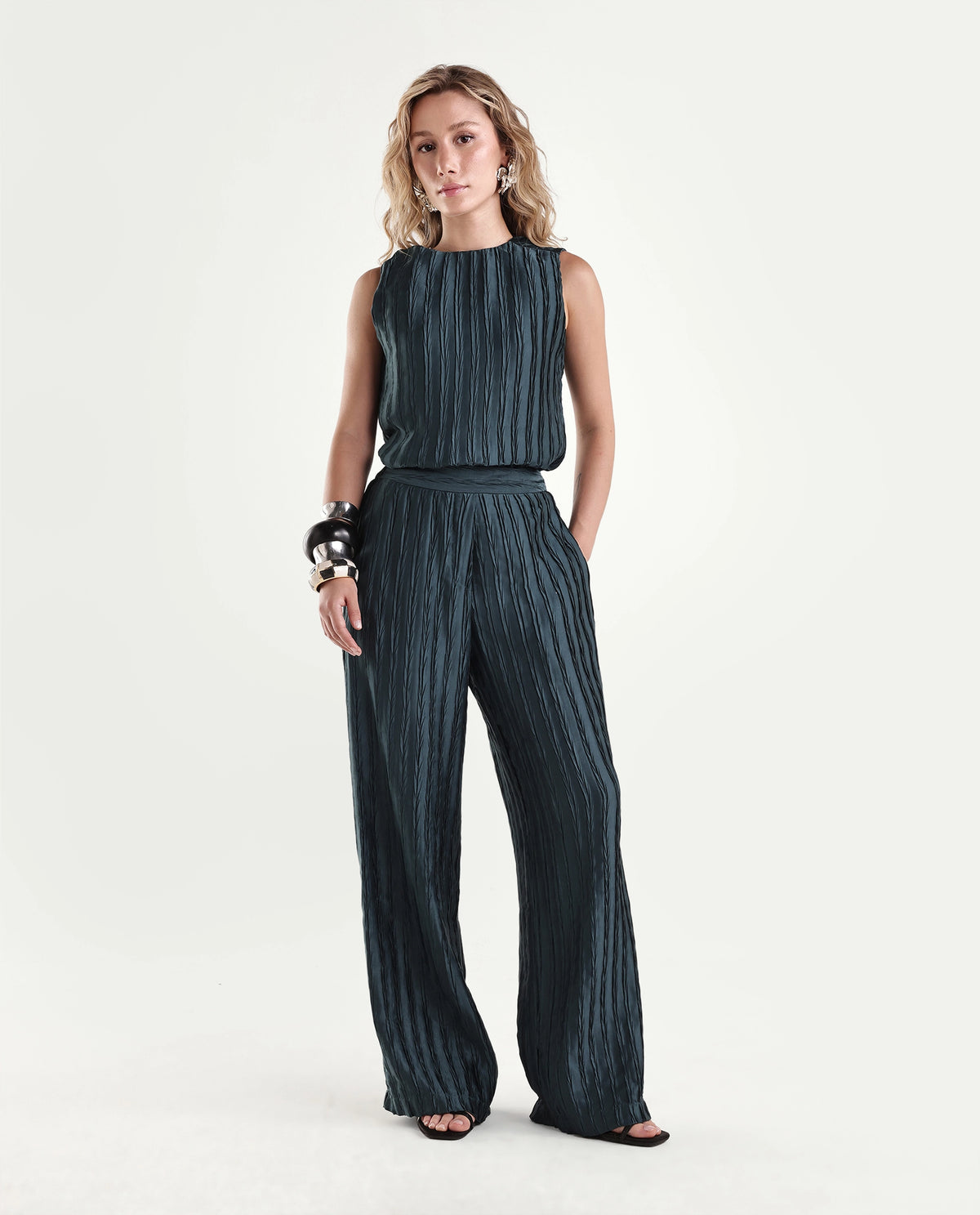 Rareism Women's Pony-B Teal Polyester Wide Leg Striped Trouser