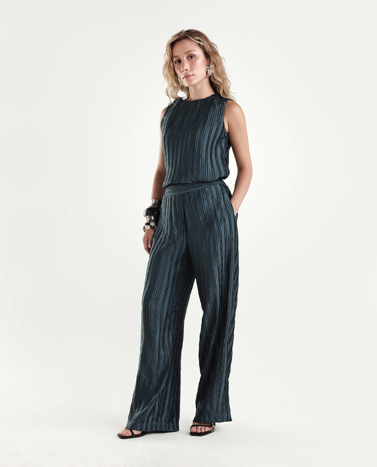 Rareism Women's Pony-B Teal Polyester Wide Leg Striped Trouser