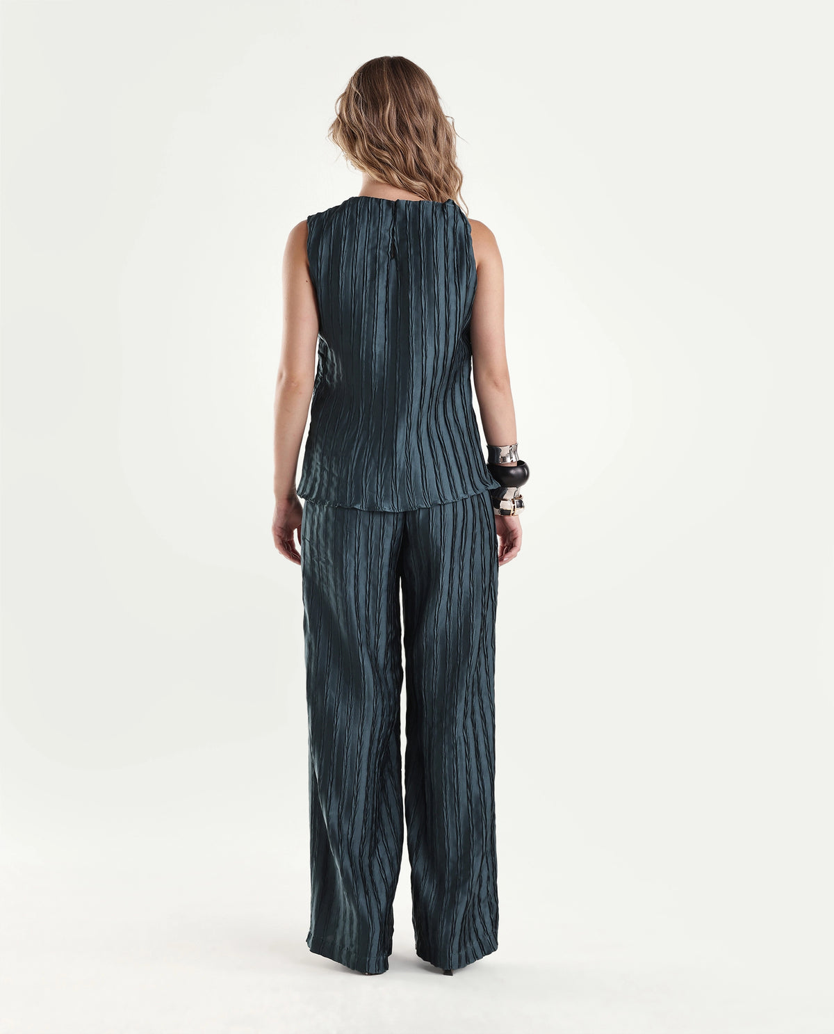 Rareism Women's Pony-B Teal Polyester Wide Leg Striped Trouser