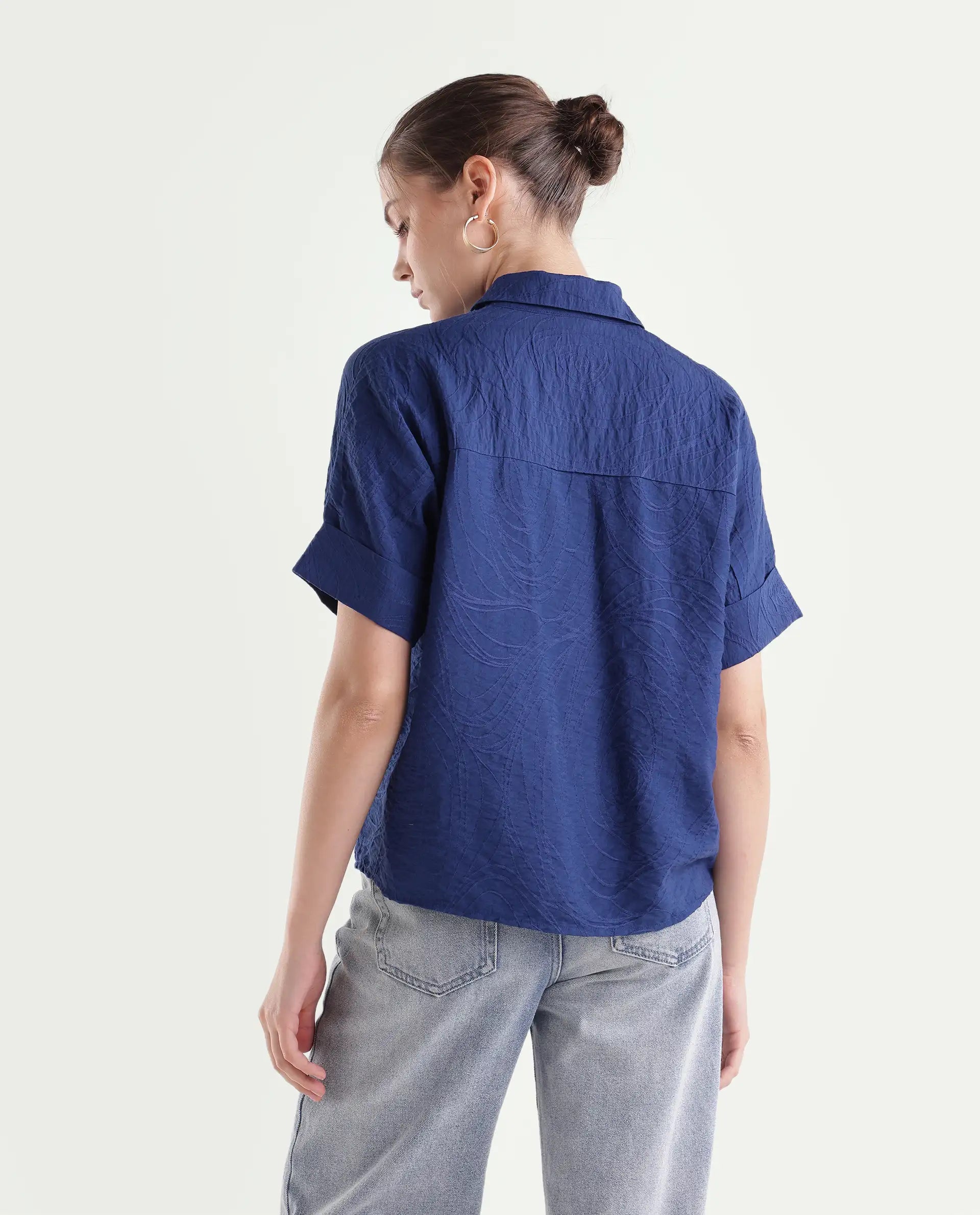 Rareism Women's Dazure Blue Viscose Blend Spread Collar Boxy Jacquard Top