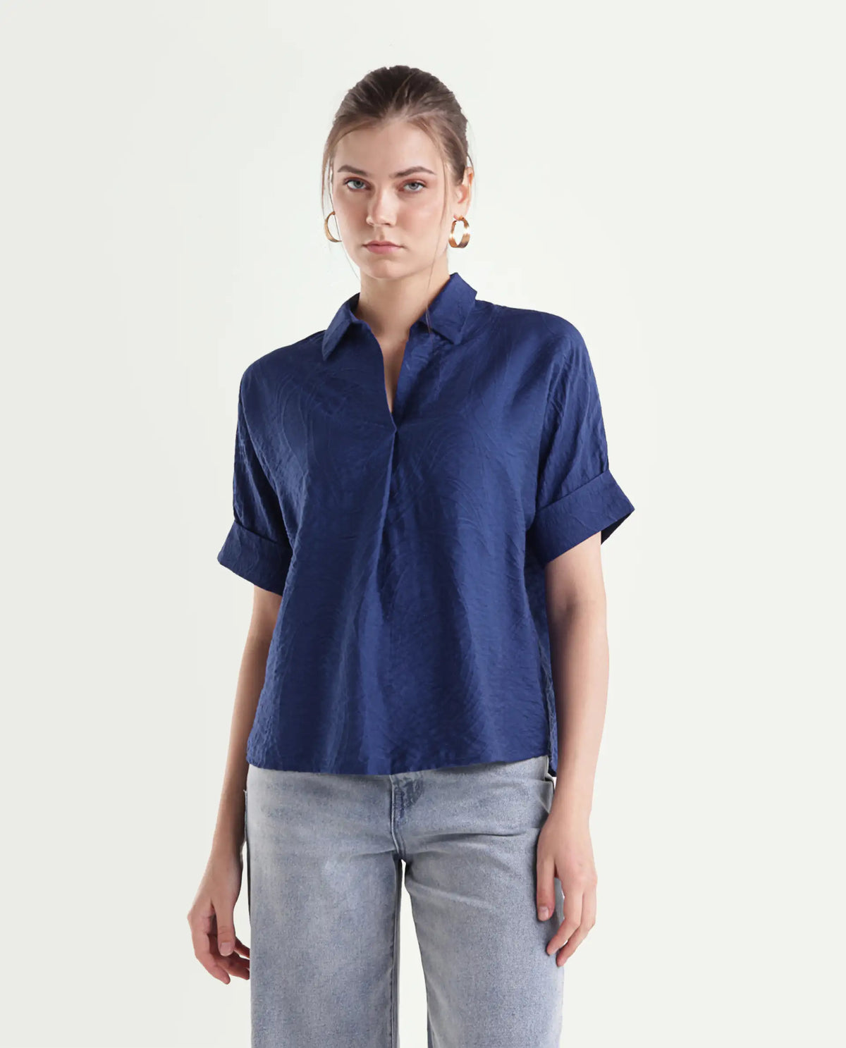 Rareism Women's Dazure Blue Viscose Blend Spread Collar Boxy Jacquard Top