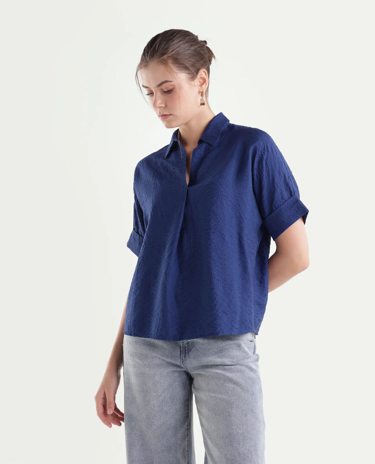 Rareism Women's Dazure Blue Viscose Blend Spread Collar Boxy Jacquard Top