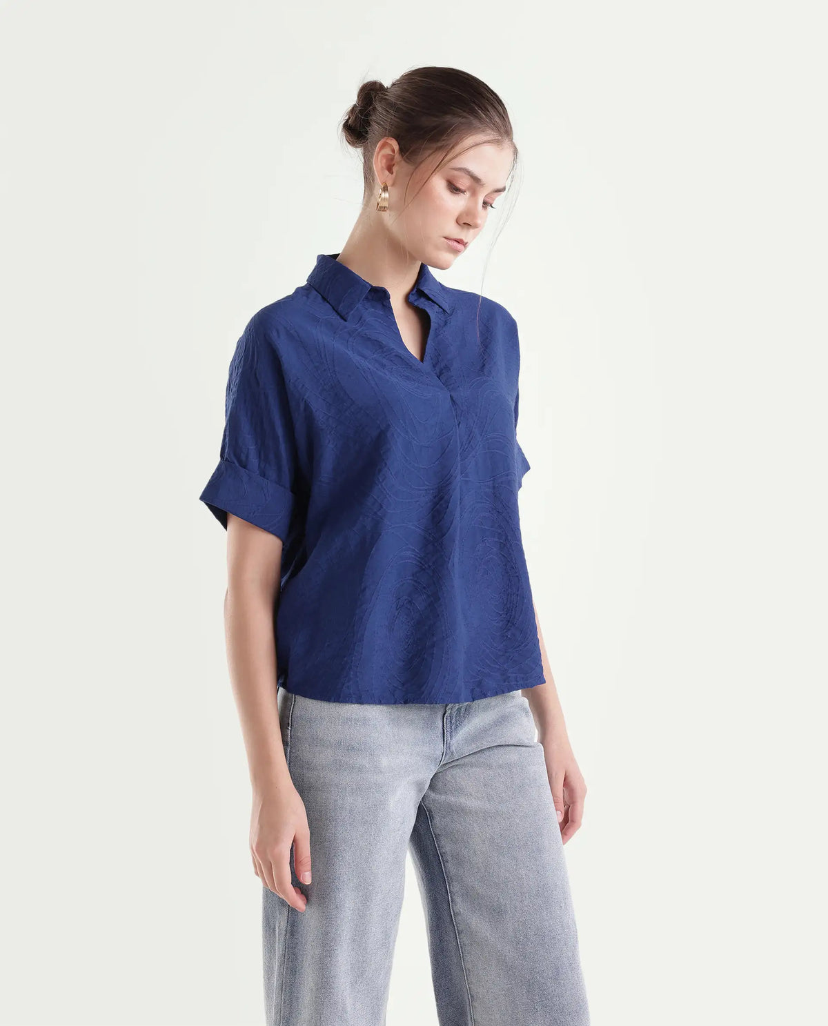 Rareism Women's Dazure Blue Viscose Blend Spread Collar Boxy Jacquard Top