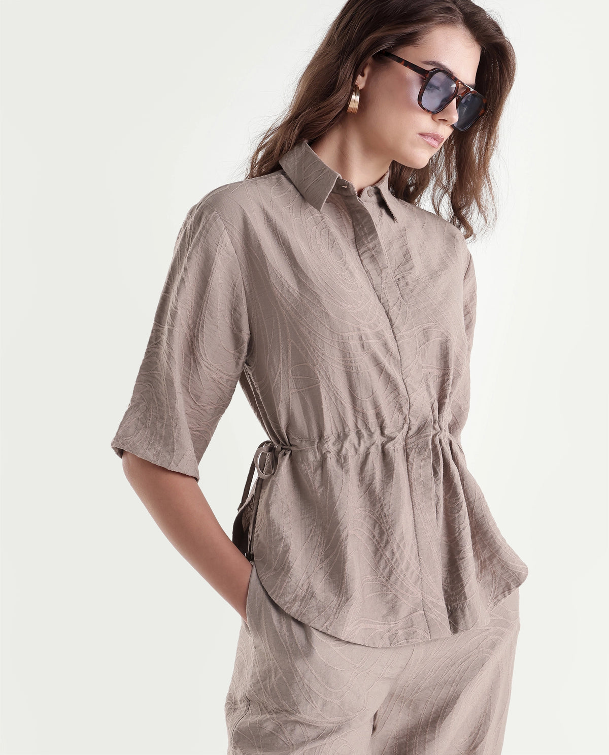 Rareism Women's Dim-T Dusky Beige Viscose Blend Spread Collar Regular Jacquard Top