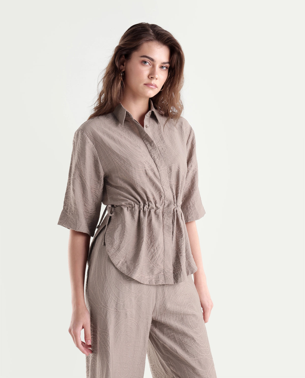 Rareism Women's Dim-T Dusky Beige Viscose Blend Spread Collar Regular Jacquard Top