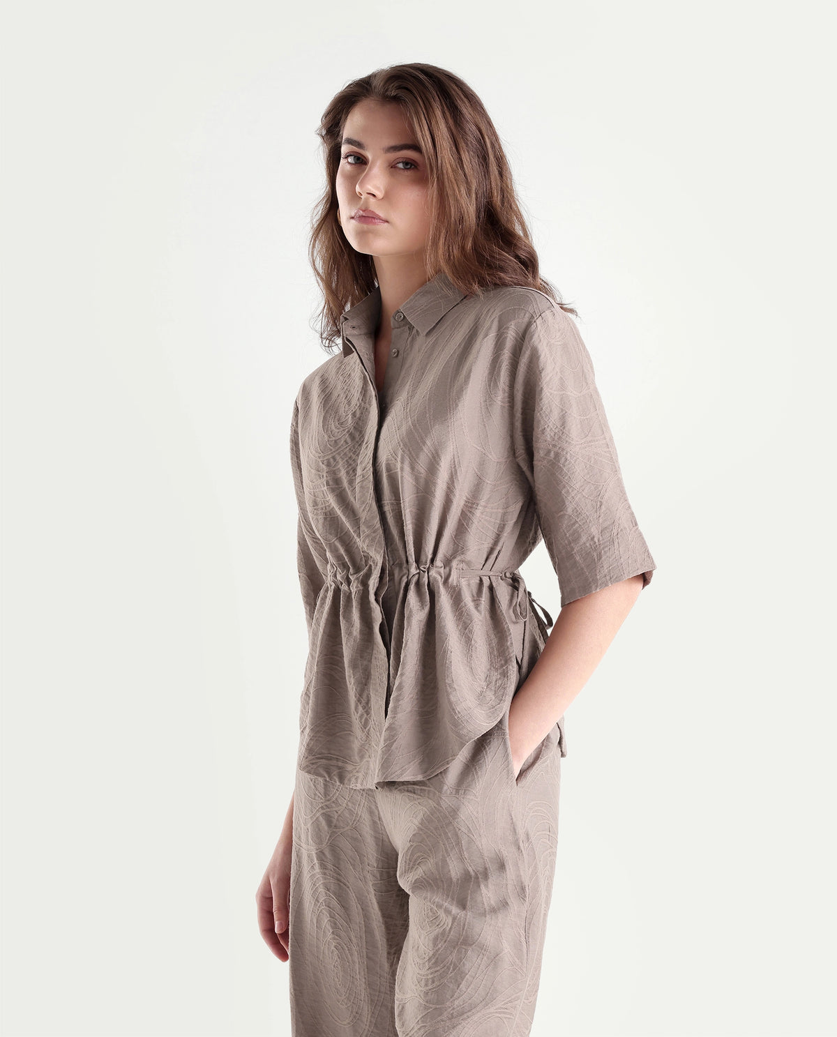 Rareism Women's Dim-T Dusky Beige Viscose Blend Spread Collar Regular Jacquard Top