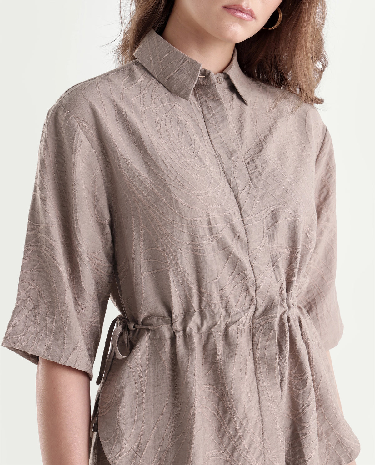 Rareism Women's Dim-T Dusky Beige Viscose Blend Spread Collar Regular Jacquard Top