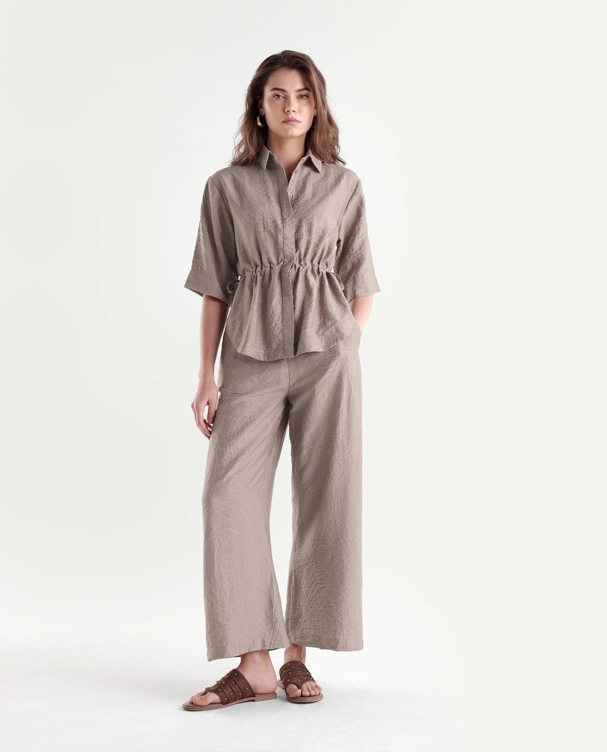 Rareism Women's Dim-B Dusky Beige Viscose Blend Barrel Jacquard Trouser