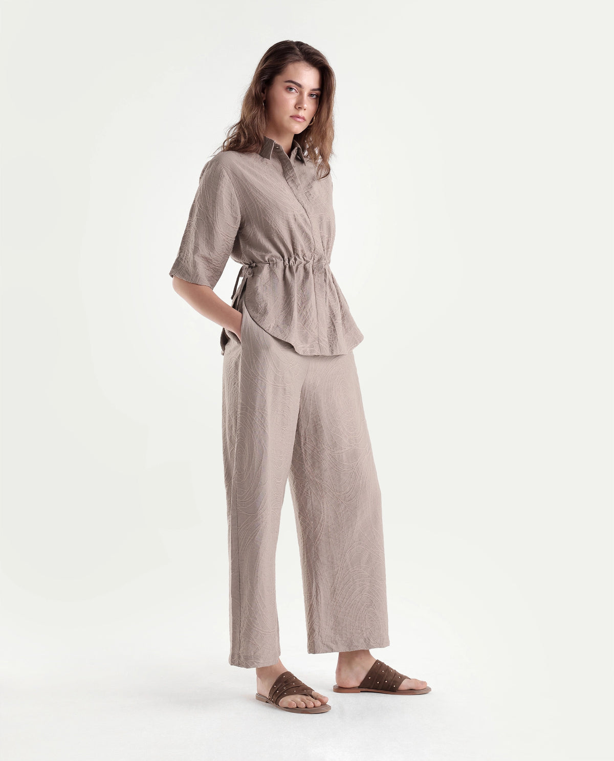 Rareism Women's Dim-B Dusky Beige Viscose Blend Barrel Jacquard Trouser