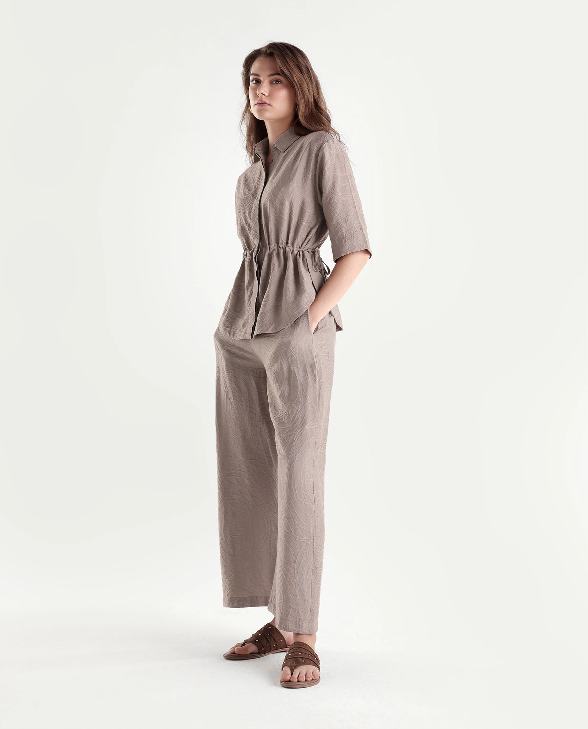 Rareism Women's Dim-B Dusky Beige Viscose Blend Barrel Jacquard Trouser
