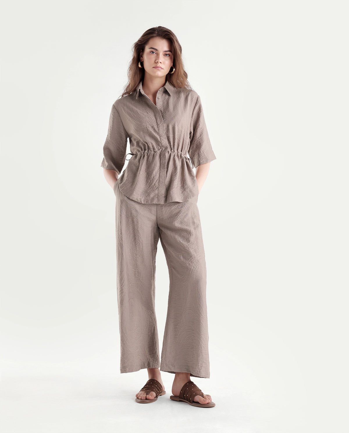 Rareism Women's Dim-B Dusky Beige Viscose Blend Barrel Jacquard Trouser