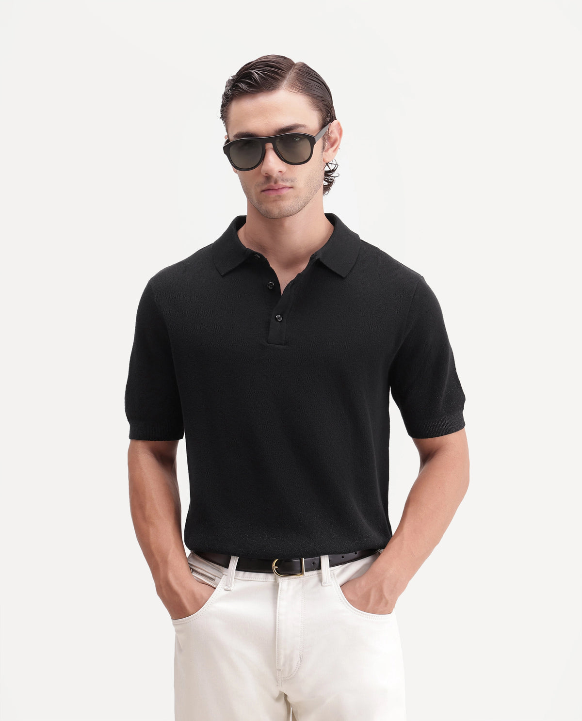 Rare Rabbit Mens Vann Black Cotton Blend Spread Collar Regular Plain Polo