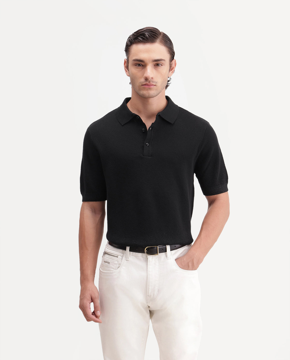 Rare Rabbit Mens Vann Black Cotton Blend Spread Collar Regular Plain Polo