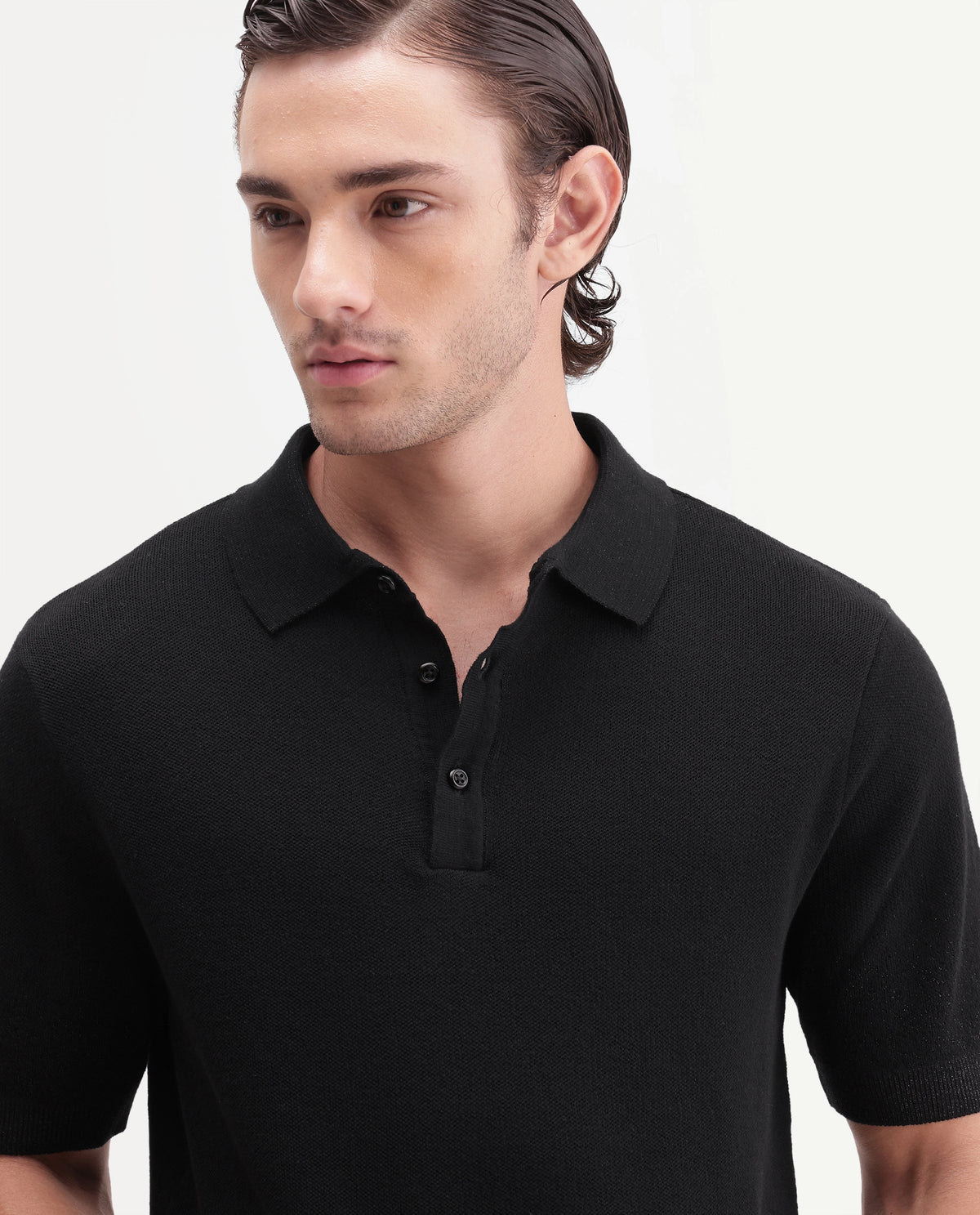 Rare Rabbit Mens Vann Black Cotton Blend Spread Collar Regular Plain Polo