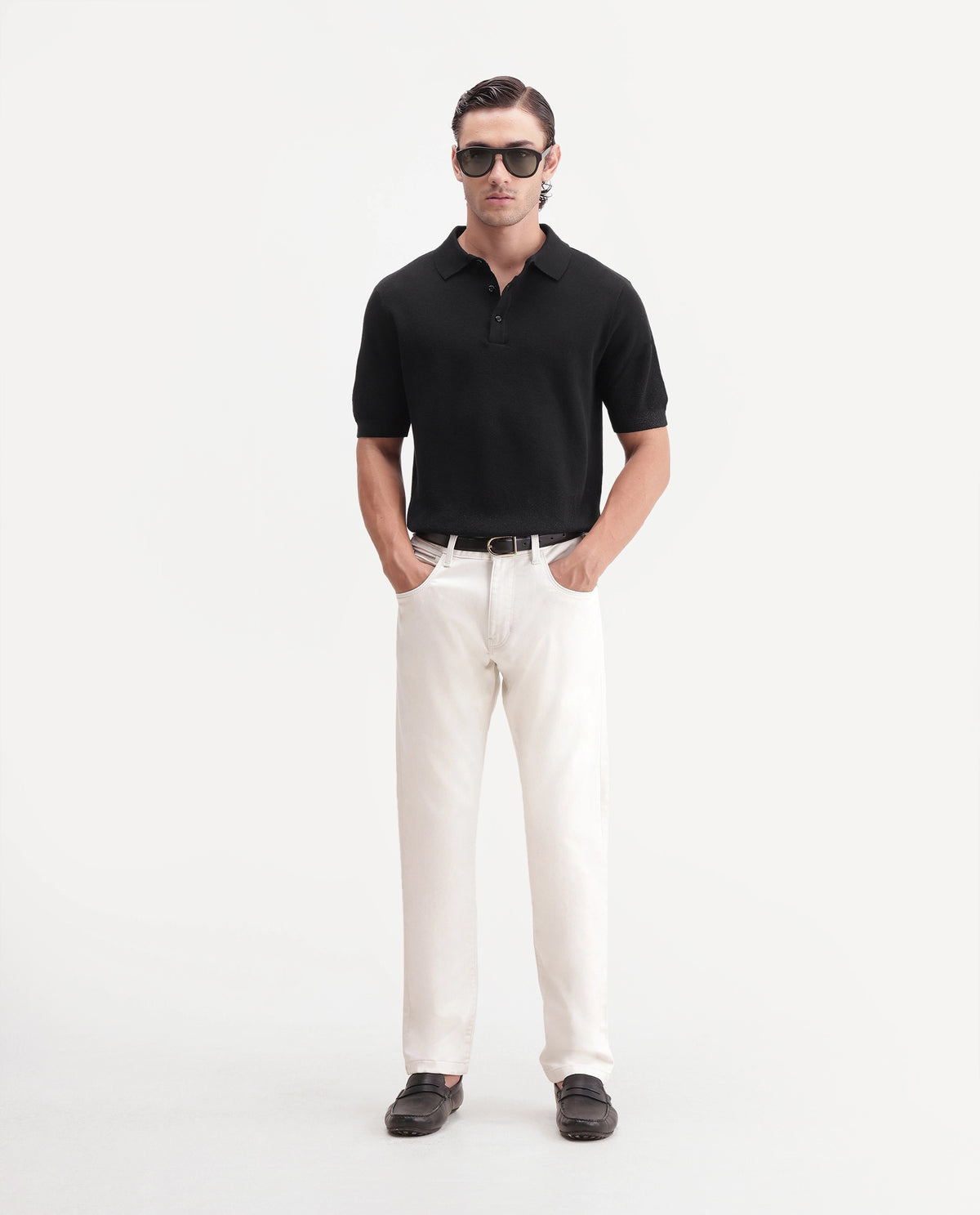 Rare Rabbit Mens Vann Black Cotton Blend Spread Collar Regular Plain Polo