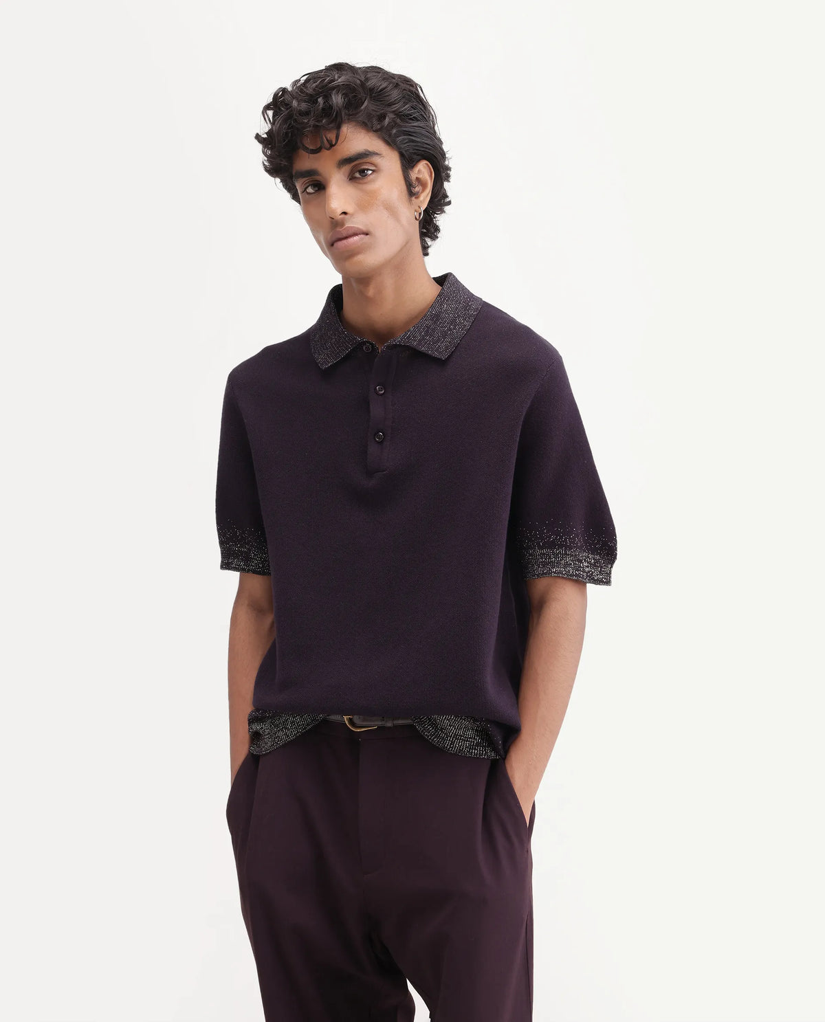 Rare Rabbit Mens Vann Dark Purple Cotton Blend Spread Collar Regular Plain Polo