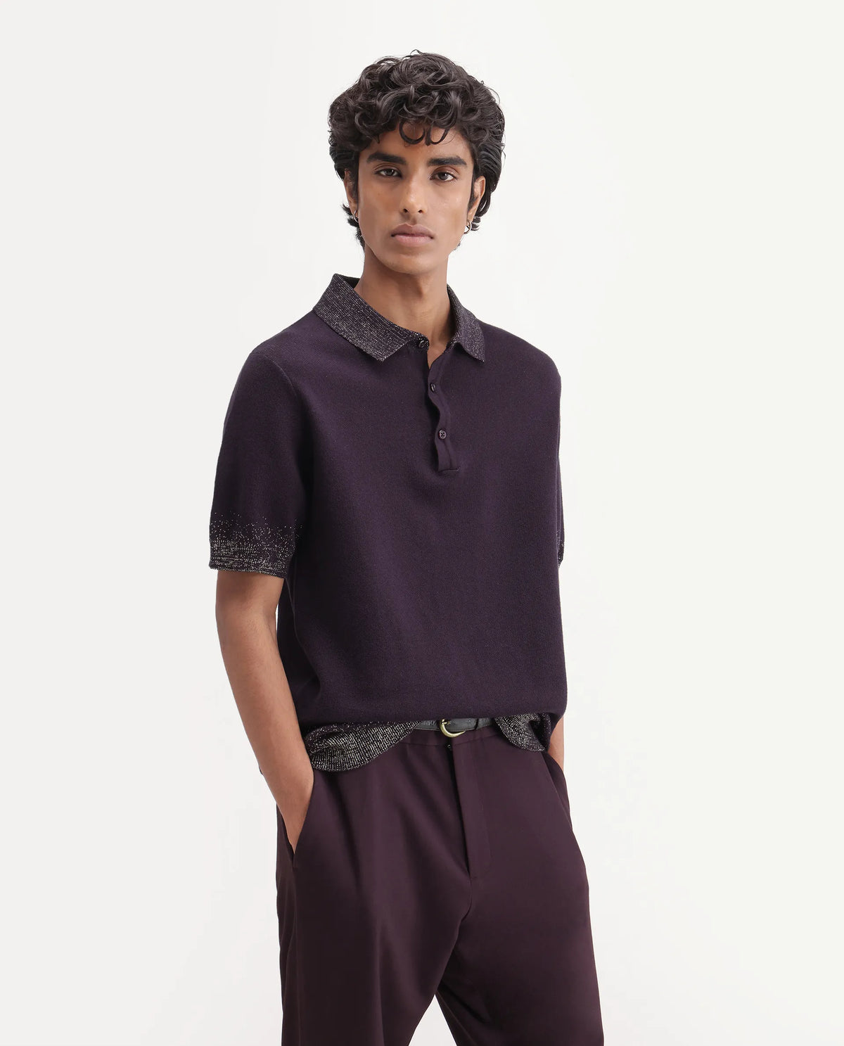 Rare Rabbit Mens Vann Dark Purple Cotton Blend Spread Collar Regular Plain Polo