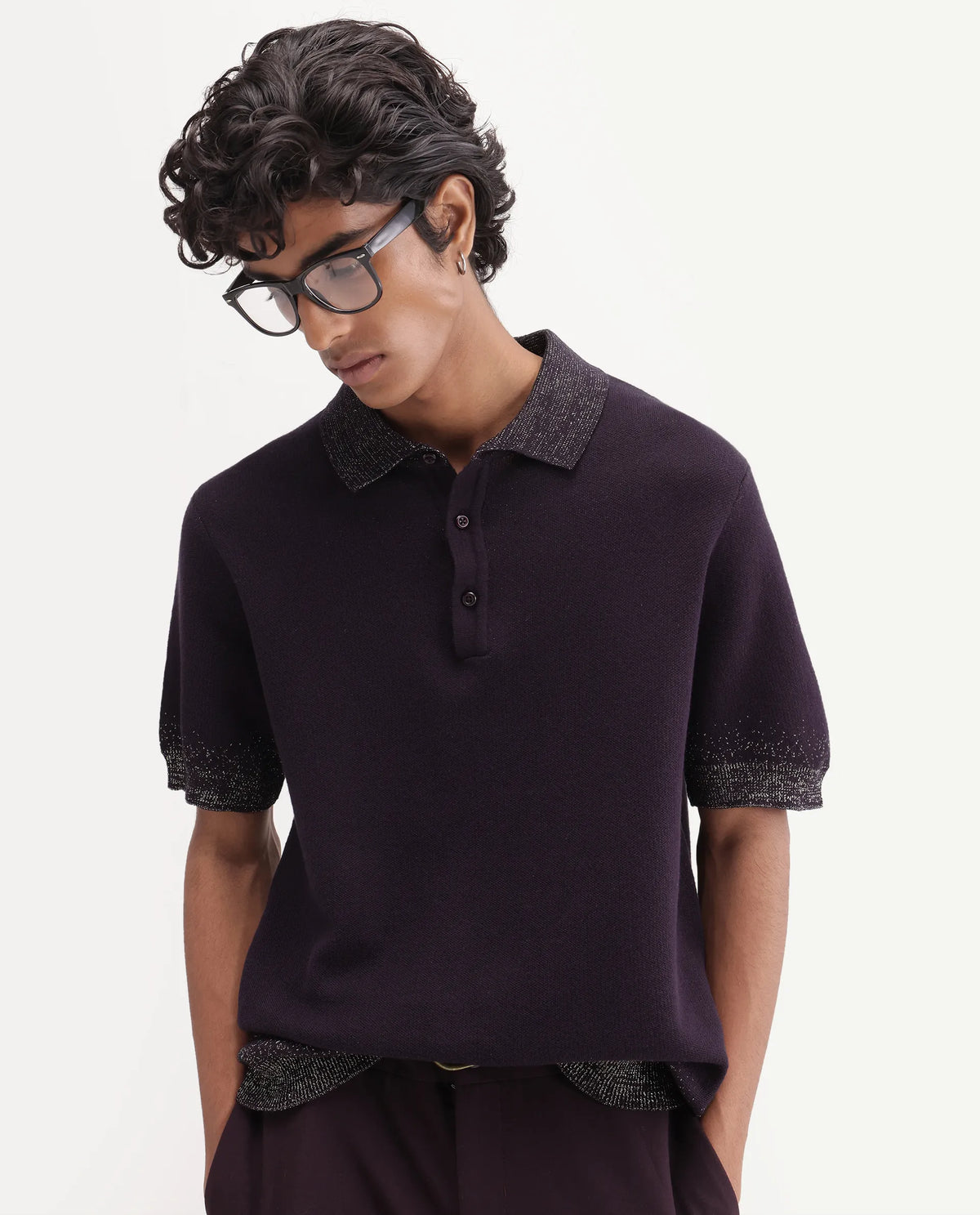 Rare Rabbit Mens Vann Dark Purple Cotton Blend Spread Collar Regular Plain Polo
