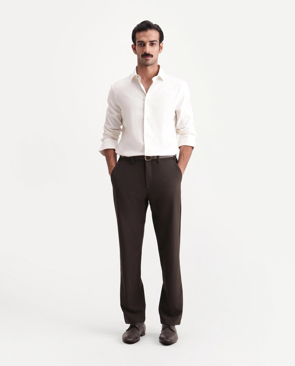 Rare Rabbit Men's Travel-W-Aw26 Dark Brown Polyester Blend Button And Zip Wide Leg Fit Plain Trouser - image 4