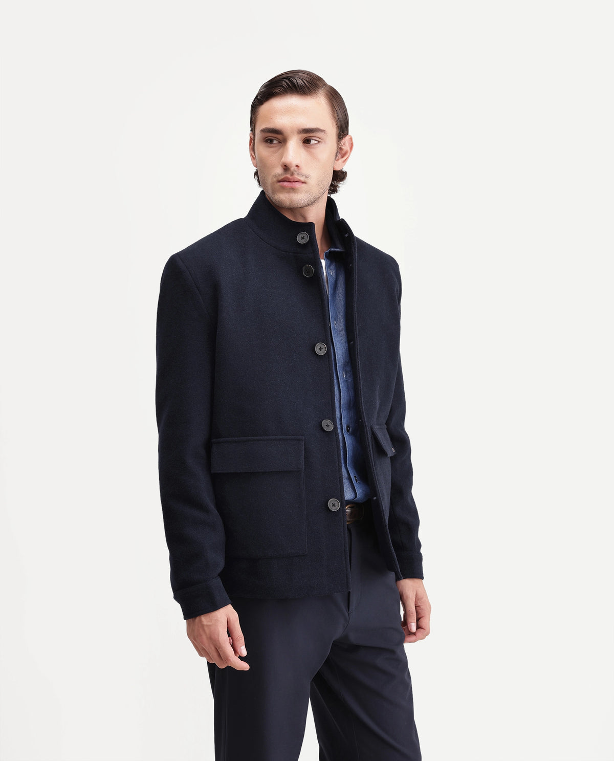 Rare Rabbit Mens Obet Dark Navy Polyester Blend High Neck Regular Plain Jacket