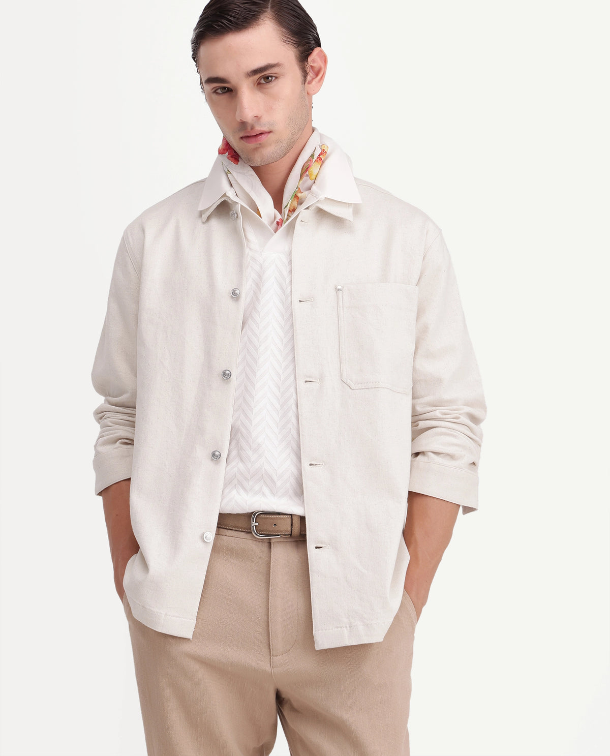 Rare Rabbit Mens Cloudy Beige Linen Blend Spread Collar Regular Plain Shacket