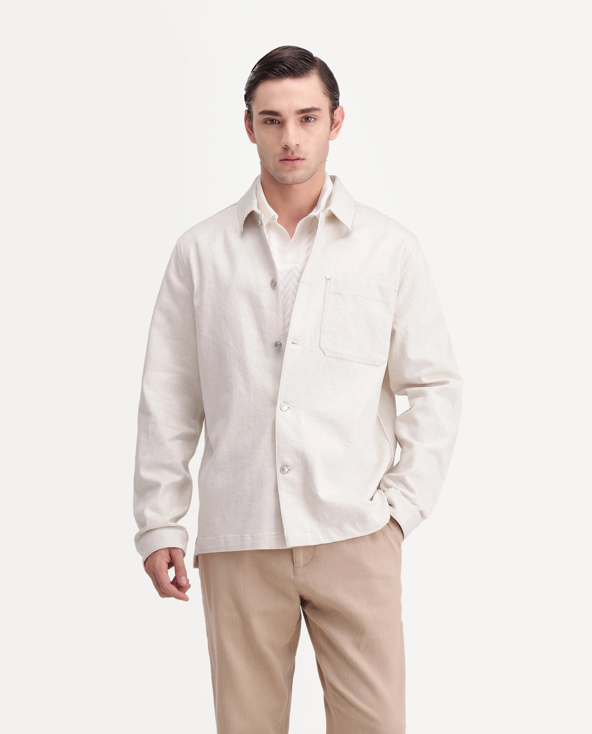 Rare Rabbit Mens Cloudy Beige Linen Blend Spread Collar Regular Plain Shacket
