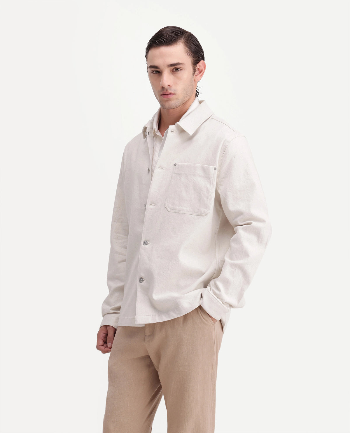Rare Rabbit Mens Cloudy Beige Linen Blend Spread Collar Regular Plain Shacket